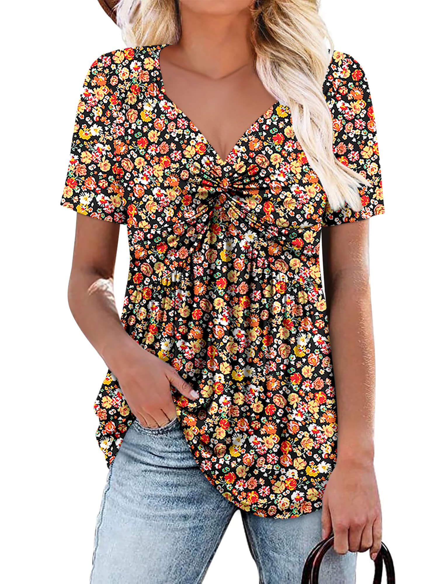 ONLYSHE Womens V Neck Shirts Short Sleeve Tops Front Knotted T Shirt Casual Solid&Floral Tunic Summer Henley Tees Blouse