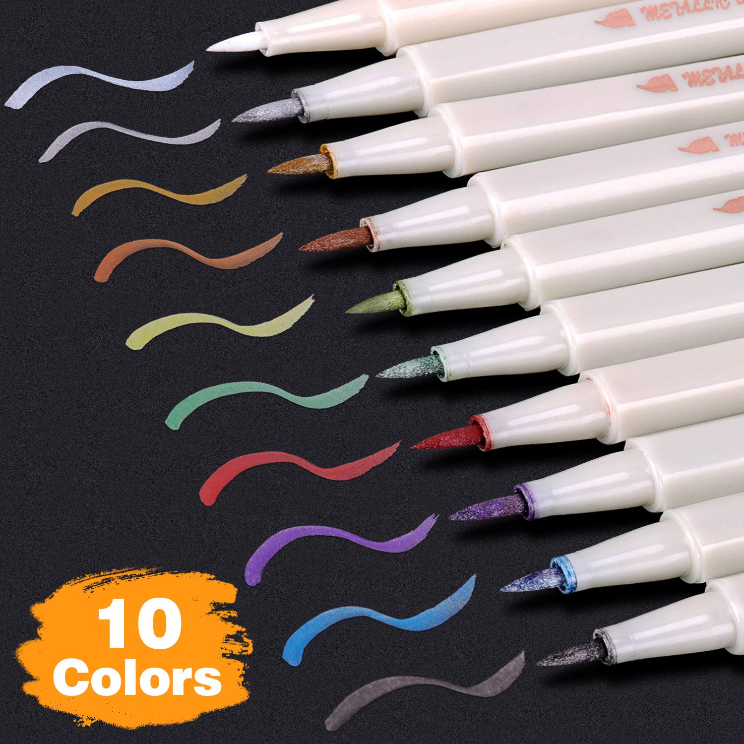 Metallic Marker Pens Set of 10 Assorted Colours Paint Pen for Guest Book Wedding Glass Art Card Making DIY Photo Album Scrapbook Plastic Wood Ceramics (Brush Tip)