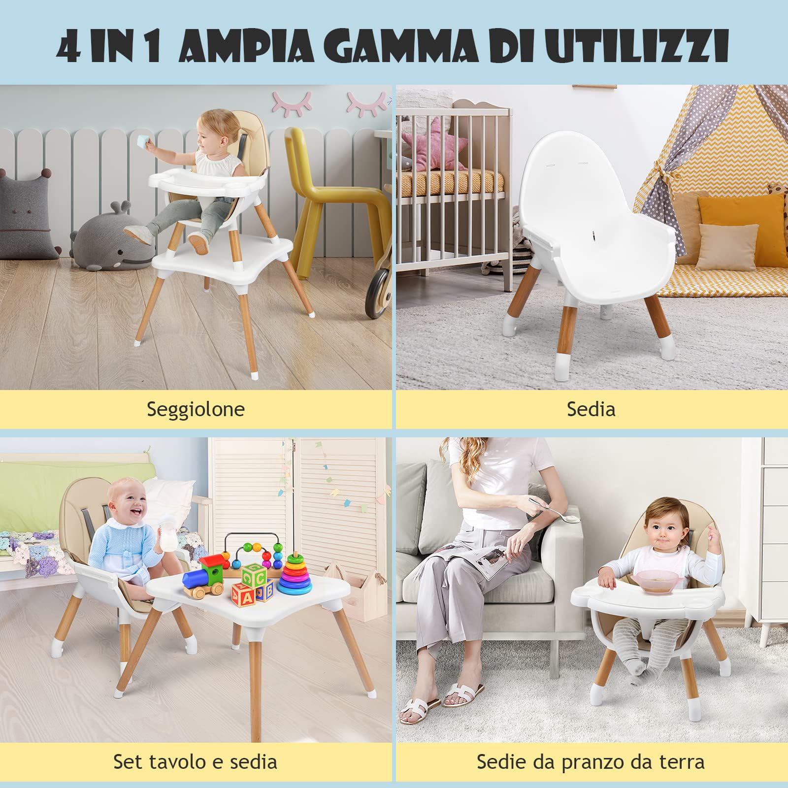 RELAX4LIFE 4 in 1 Seggiolone Pappa, Seggiolone Evolutivo con Vassoio Rimovibile e Cintura di Sicurezza, Altezza Regolabile in 4 Posizioni, per Bambini e Neonati 6-36 Mesi (Classico, Beige)