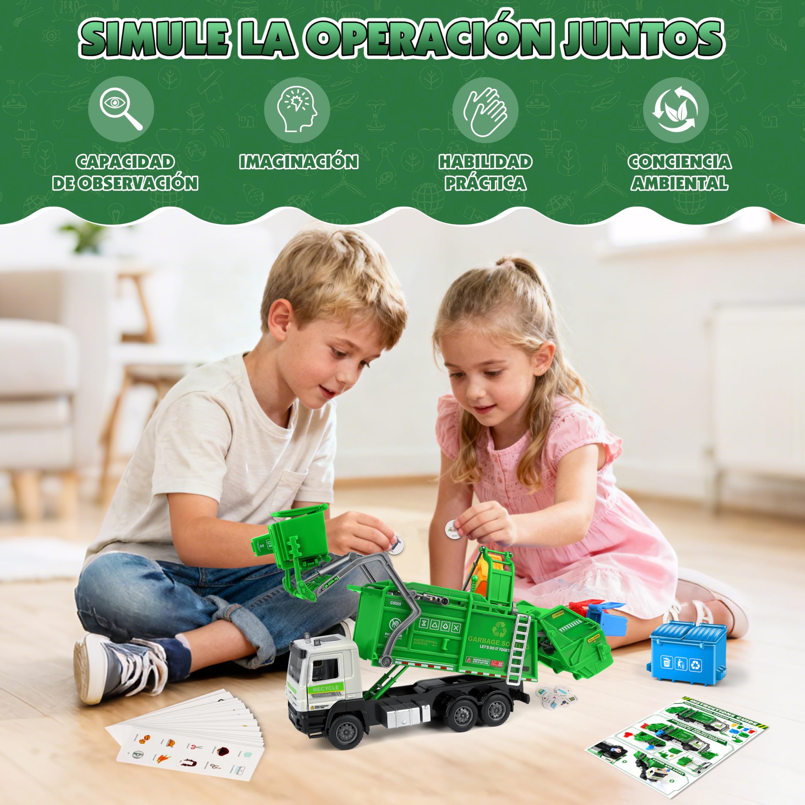 Charmofun Camión de Basura Juguete, Camión Basura con 6 Botes de Basura, 180 Tarjetas, Luces y Sonidos, Camiones de Basura de Fricción Regalo para 3+ Años Niño Niña