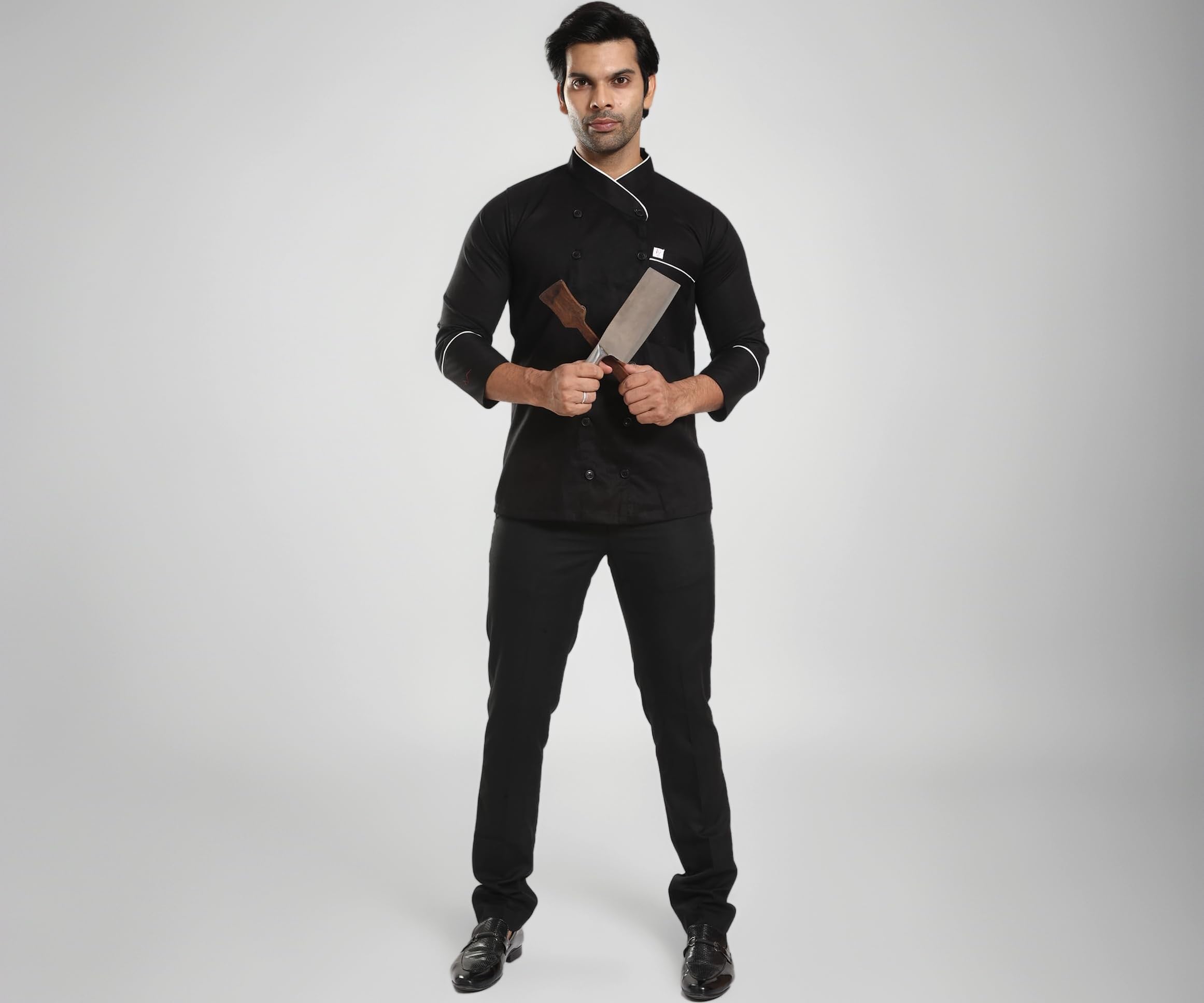 Black Cooking Chef Coat Side Button Stand Collar Single Breasted Crossneck, Full Sleeves, Snap Button for Men Hotels, Restaurants