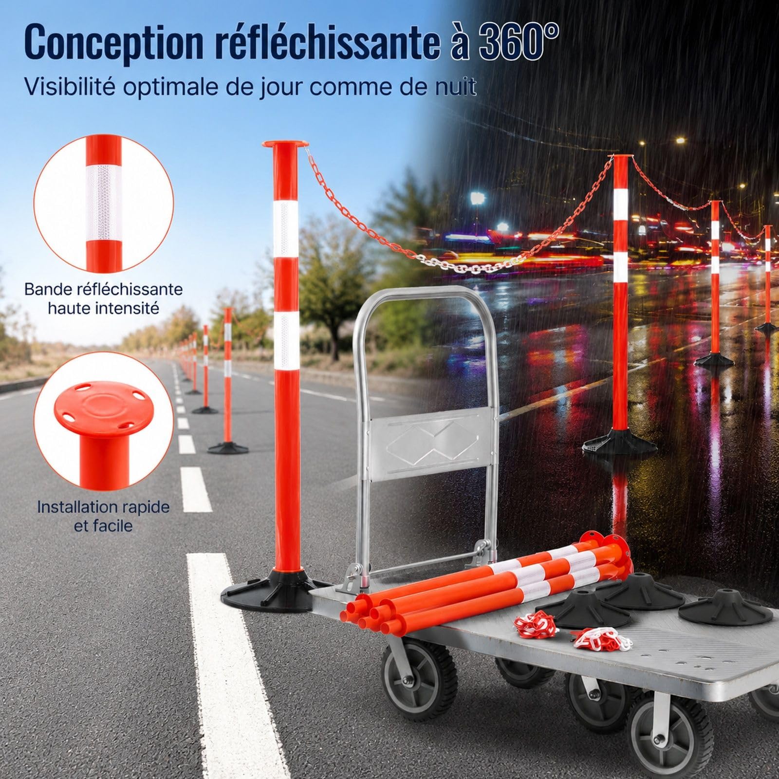 4 poteaux de signalisation Rouges avec Base lestée, Bandes réfléchissantes et chaîne, pour Chantier et Parking
