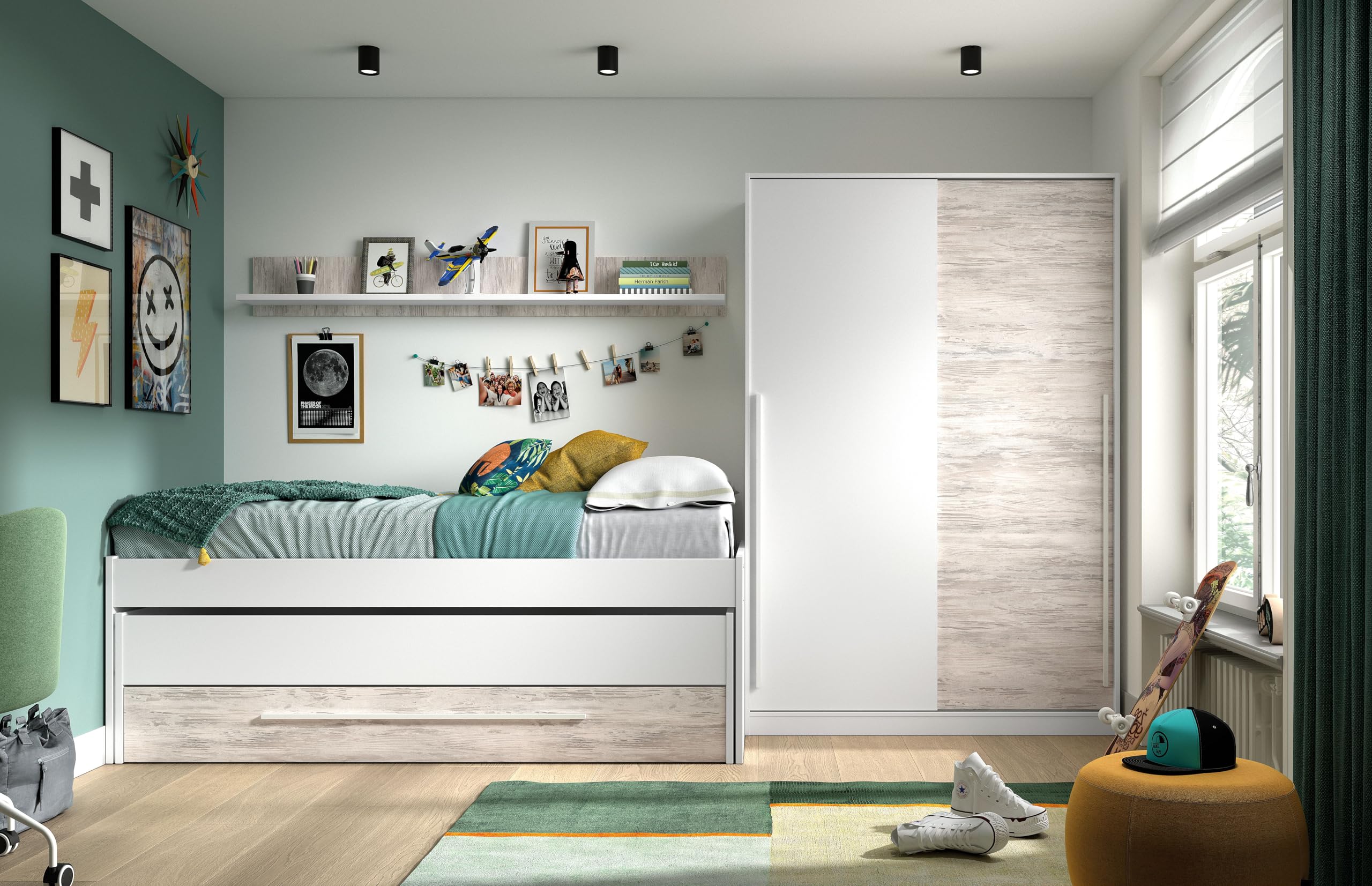 Mobelcenter, Cama Nido Juvenil Elliot 2 Camas 1 Cajón 1 Estante, Cama Doble Juvenil con 2 Camas 1 Cajón, Color Blanco Artik y Blanco Velho, Medidas: Ancho: 199 cm x Fondo: 96 cm x Alto: 65 cm (1383)