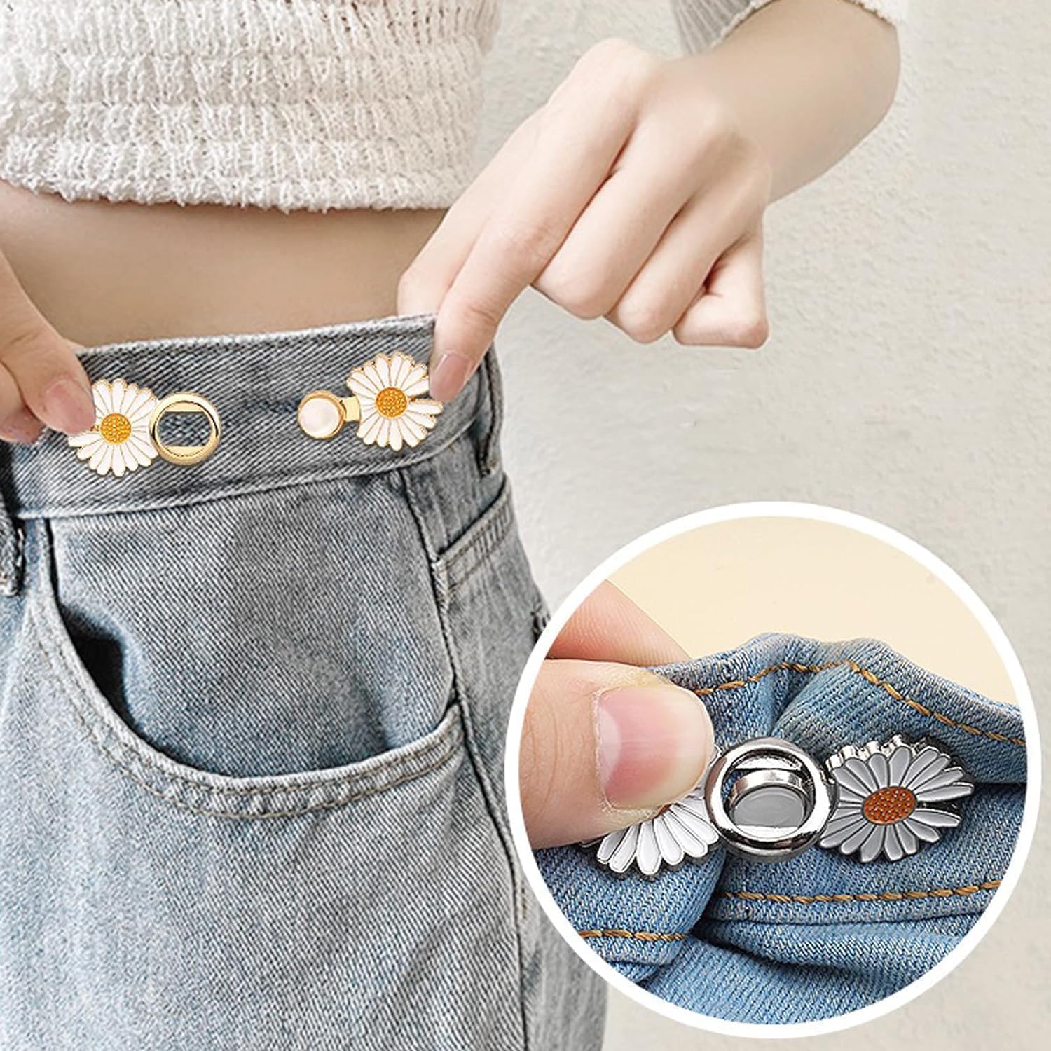 Falshruti 2 Pcs Daisy Jeans Tightening Clips, Flower Detachable Jeans Adjustable Button Pins, Adjustable Waist Buckle for Women, Instant Pants Waist Tighteners for Loose Waist for Pants Skirts 3