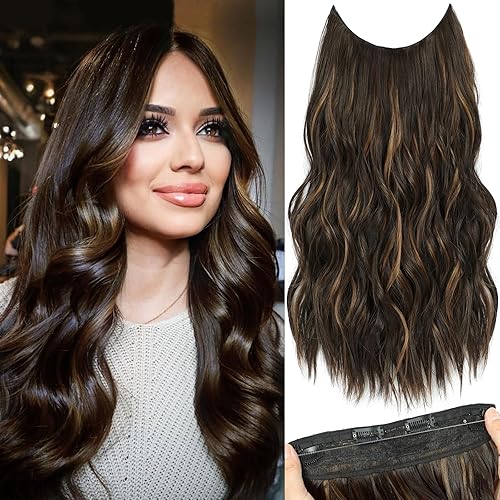 Extensiones de cabello con alambre invisible con alambre transparente, piezas de cabello largo y rizado ondulado para mujer, tamaño ajustable, 4