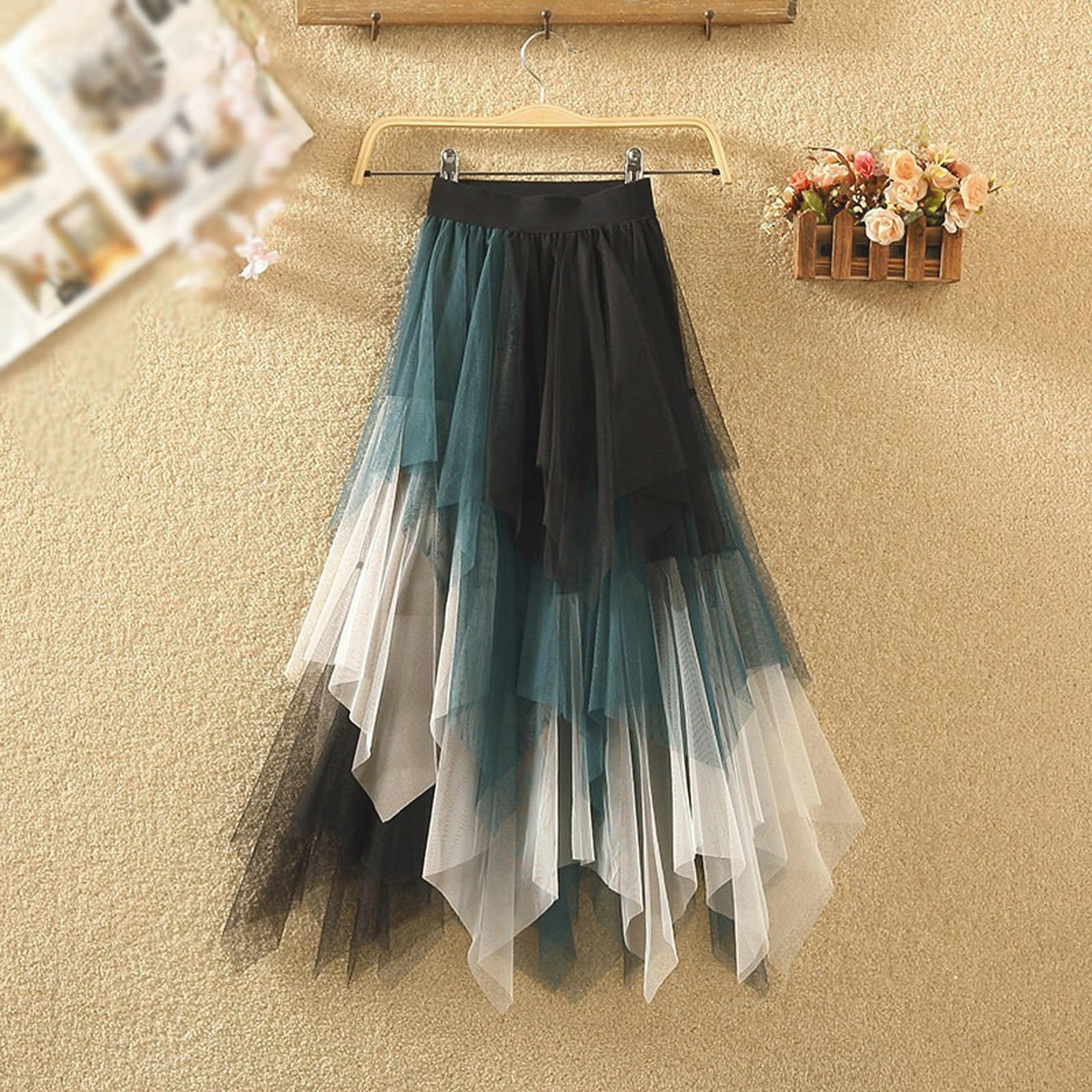 DUddTTW Irregular Women's Midi Skirt Mesh Midi Length Flowy Skirt Elastic Waisted Swing Skirt Slimming Maxi Skirts Ankle Length Skirts(Greenwhiteblack)