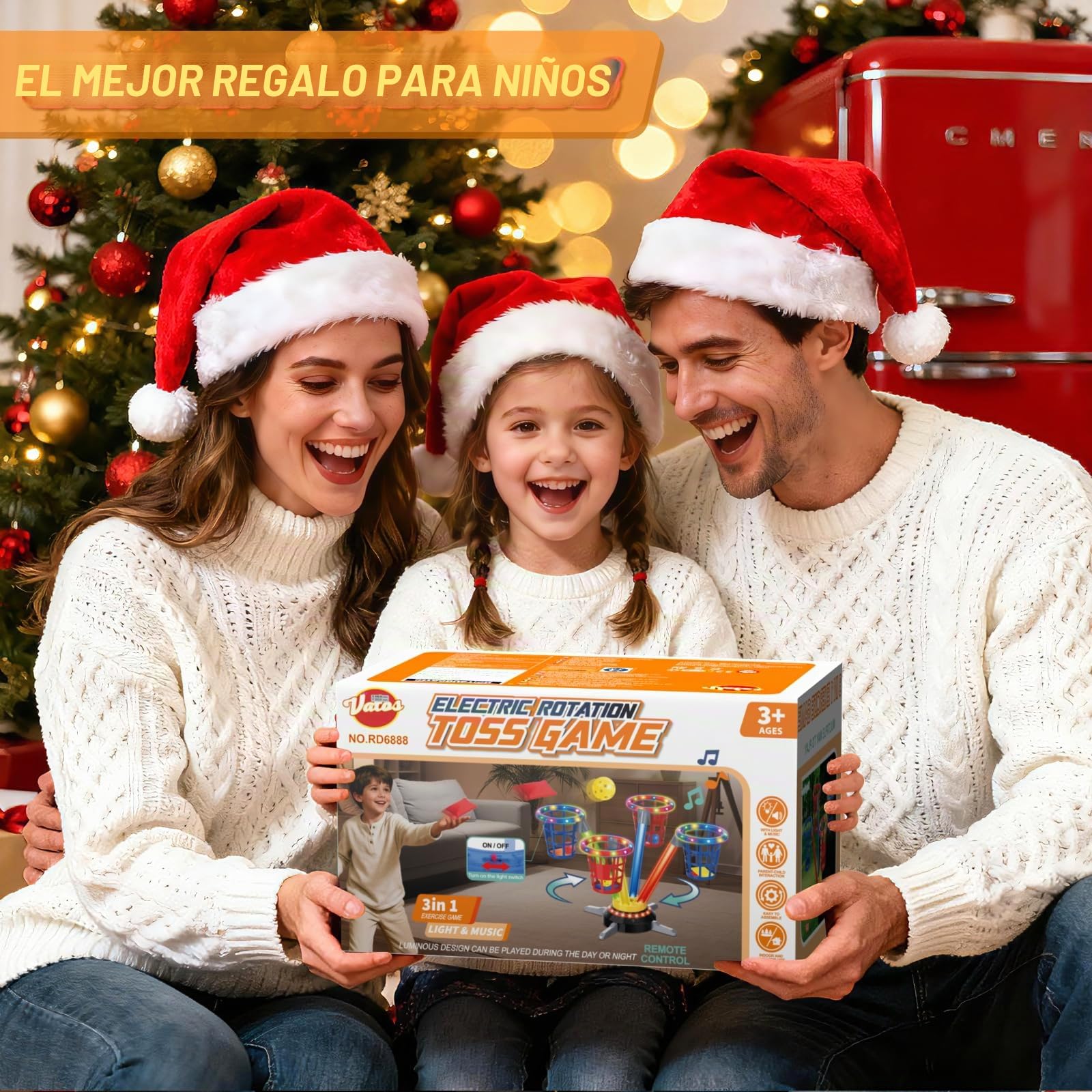 VATOS Juego de Lanzamiento 3 en 1 (Saco de Bolas y Aros), Salto Musical para Niños, Base Giratoria Eléctrica con Mando a Distancia, Luces, Juguete para Interior/Exterior y Jardín para Niño Niña 3+