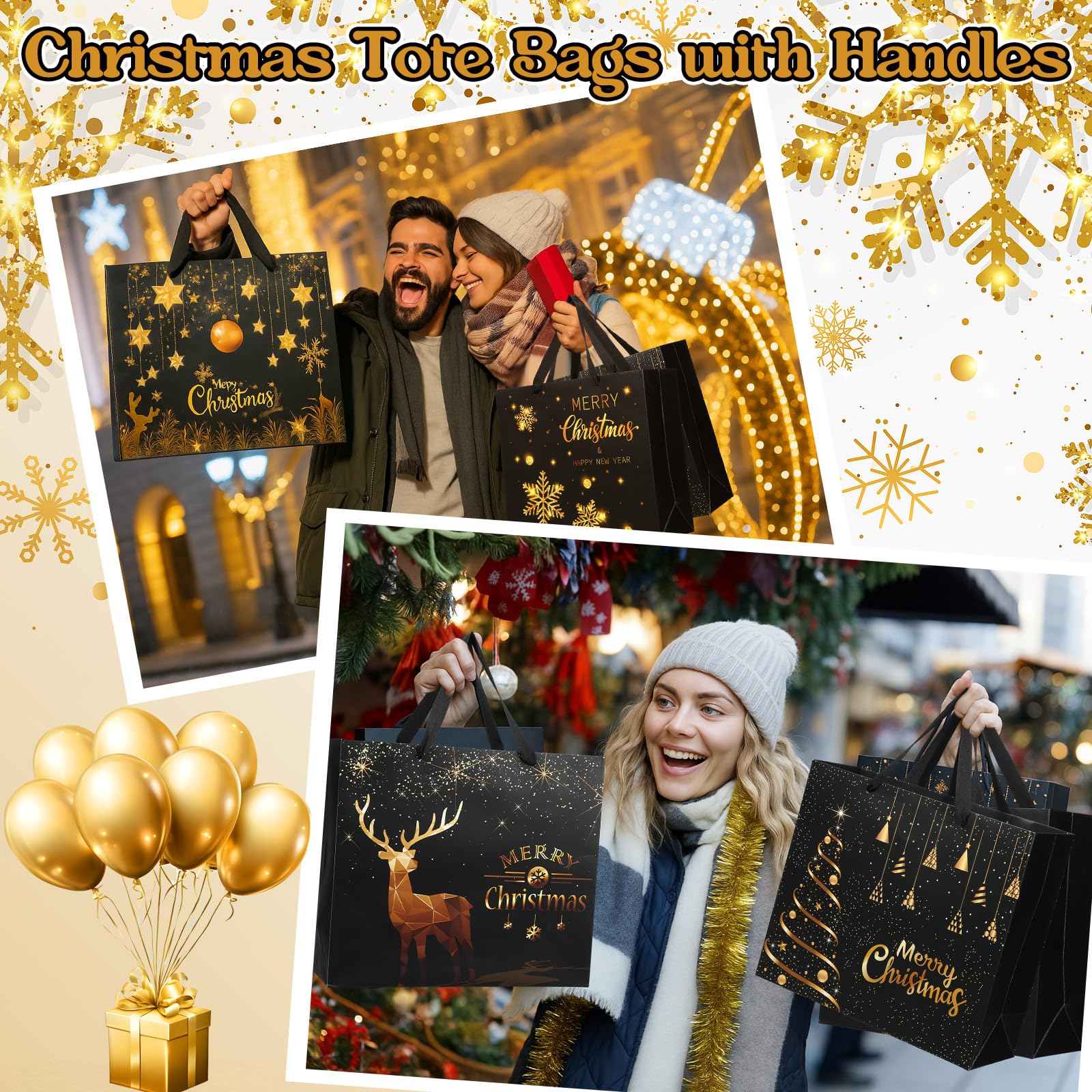 Epakh Lot de 24 sacs cadeaux de Noël en papier noir et doré avec poignées, feuille métallique Merry 32,6 x 27,9 cm, sacs à friandises de fête de Noël en vrac pour cadeaux de vacances, fournitures de