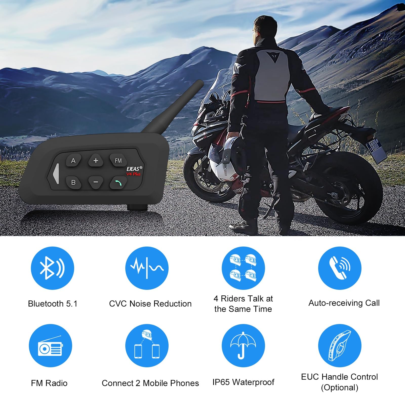 SolaMr V4 Plus Słuchawki Bluetooth dla Kasku, Komunikator Motocykli, Bluetooth 5.1 dla Kasku Motocykli z Redukcją Szumu CVC, Radio FM i 4 - osobowym Komunikacją dalej niż 1500M - 1 Pakiet