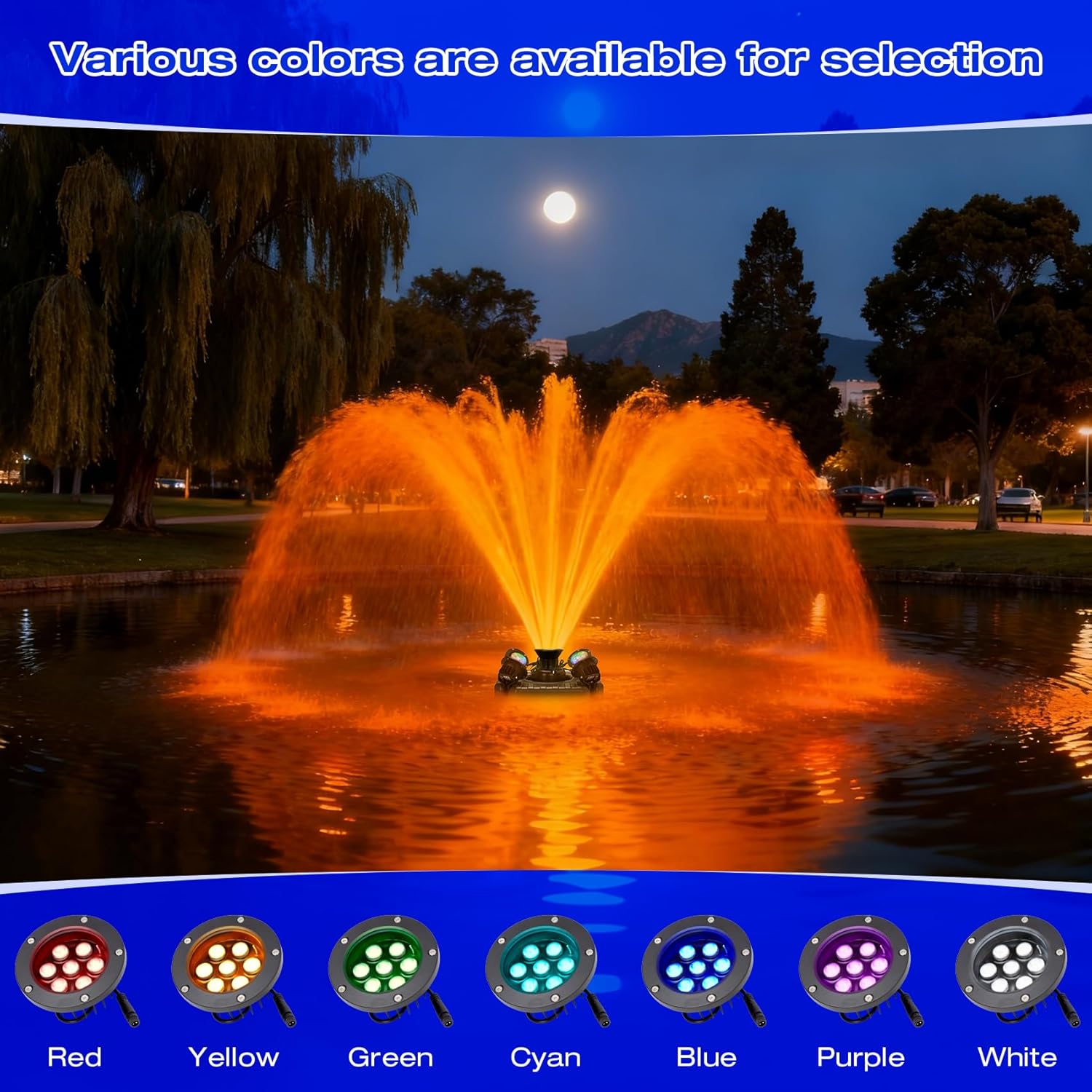 Stainless Steel Pond Fountain Aerator with 4 RGB Lights, Adjustable Light Color, Metal Floating Fountain Pump with 100FT Power Cord and Programmable Timer for Outdoor Large Ponds & Lakes