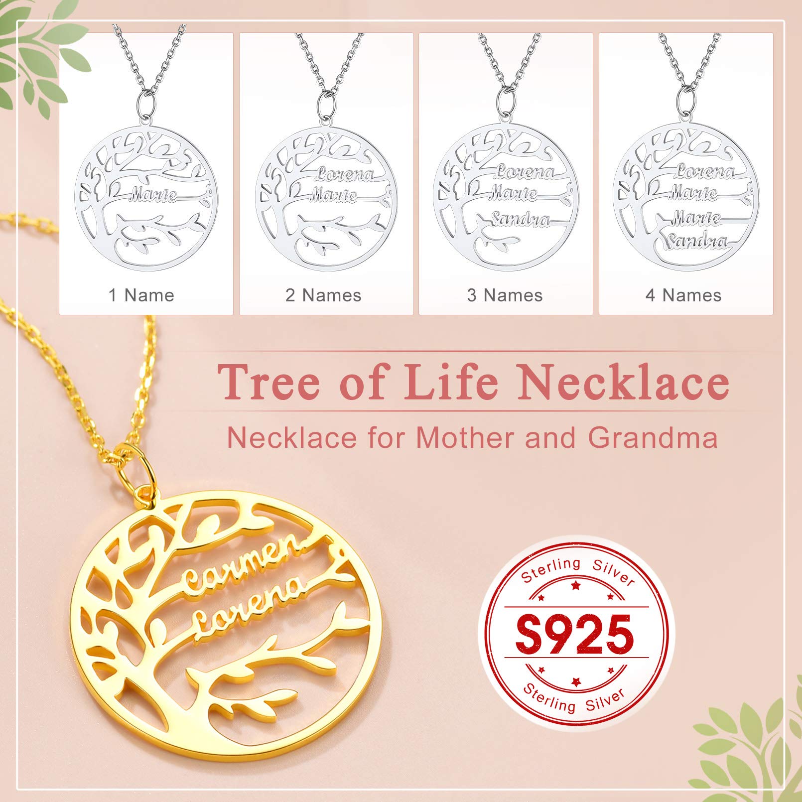 Custom4U 925 Silber Lebensbaum Halskette Damen Personalisierte Namenskette mit Baum des Lebens Anhänger mit 1-8 Namen Gravur in Silber/Gold/Schwarz mit 46cm+5cm Kette Memorial Geschenk