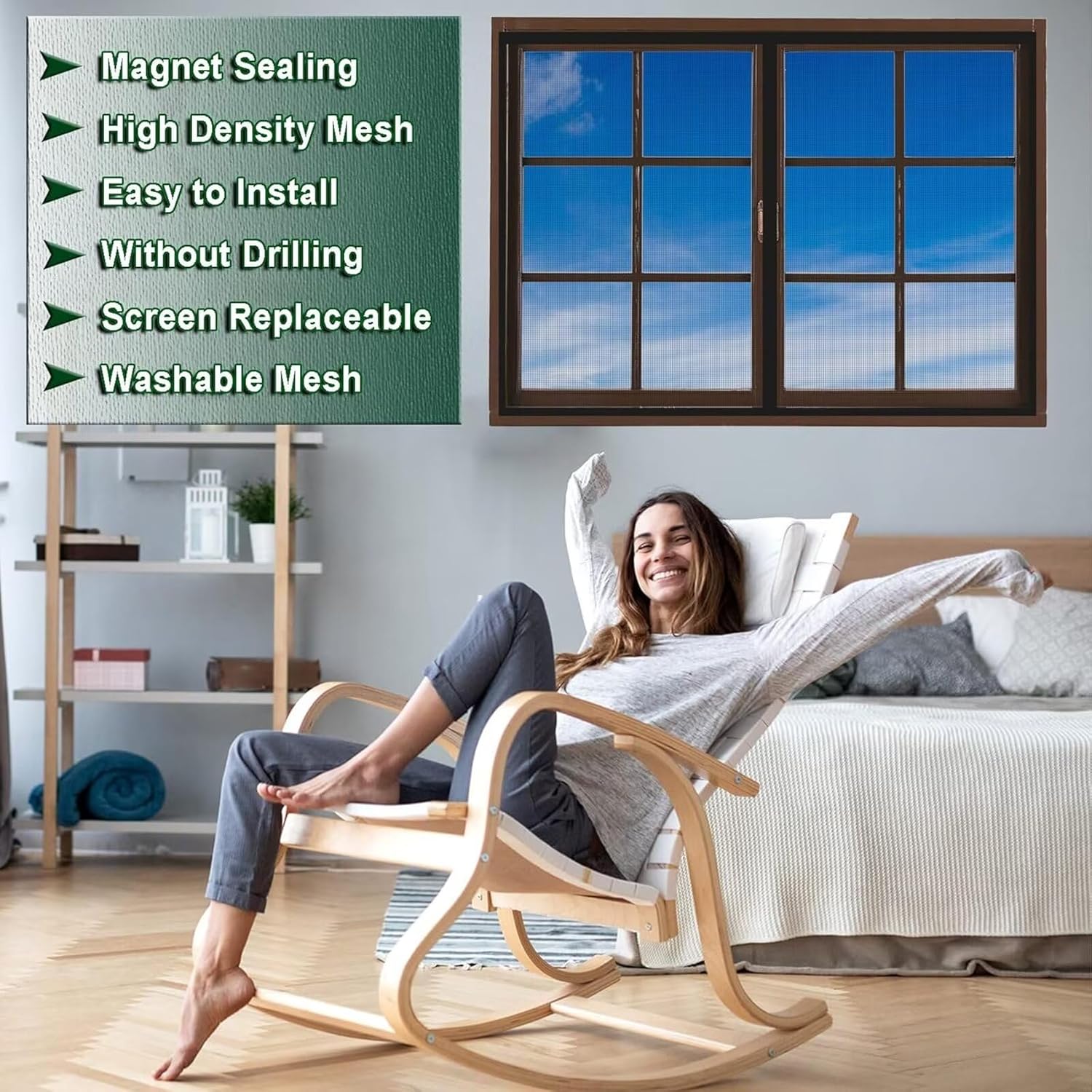 Magnetic Window Door, 155x165cm Heavy Duty Door Screen Magnetic Closure,Pet & Kid Friendly, Hands Free Door Screen Black