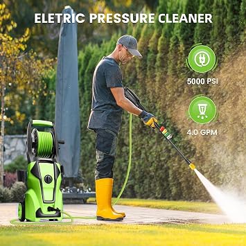 Electric Pressure Washer Adjustable 5000PSI 4.0 GPM High Power Washers with 33ft Hose Reel, 4 Nozzle and Foam Cannon, Power Washers Machine for Home, Cars, Patio (Green)