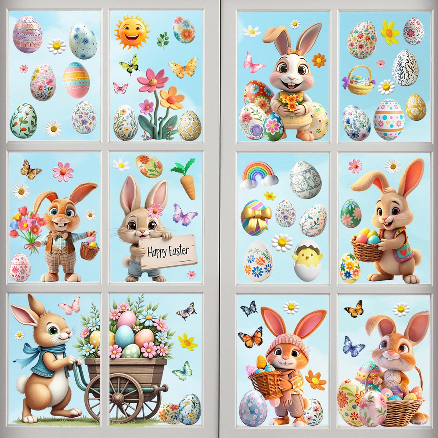 9 Sheets Easter Window Clings Decor Chick Bunny Easter Eggs Design Double-Sided Colorful Flower Butterfly Window Stickers Cartoon Sun Happy Holiday Decals for Glass DIY Supplies