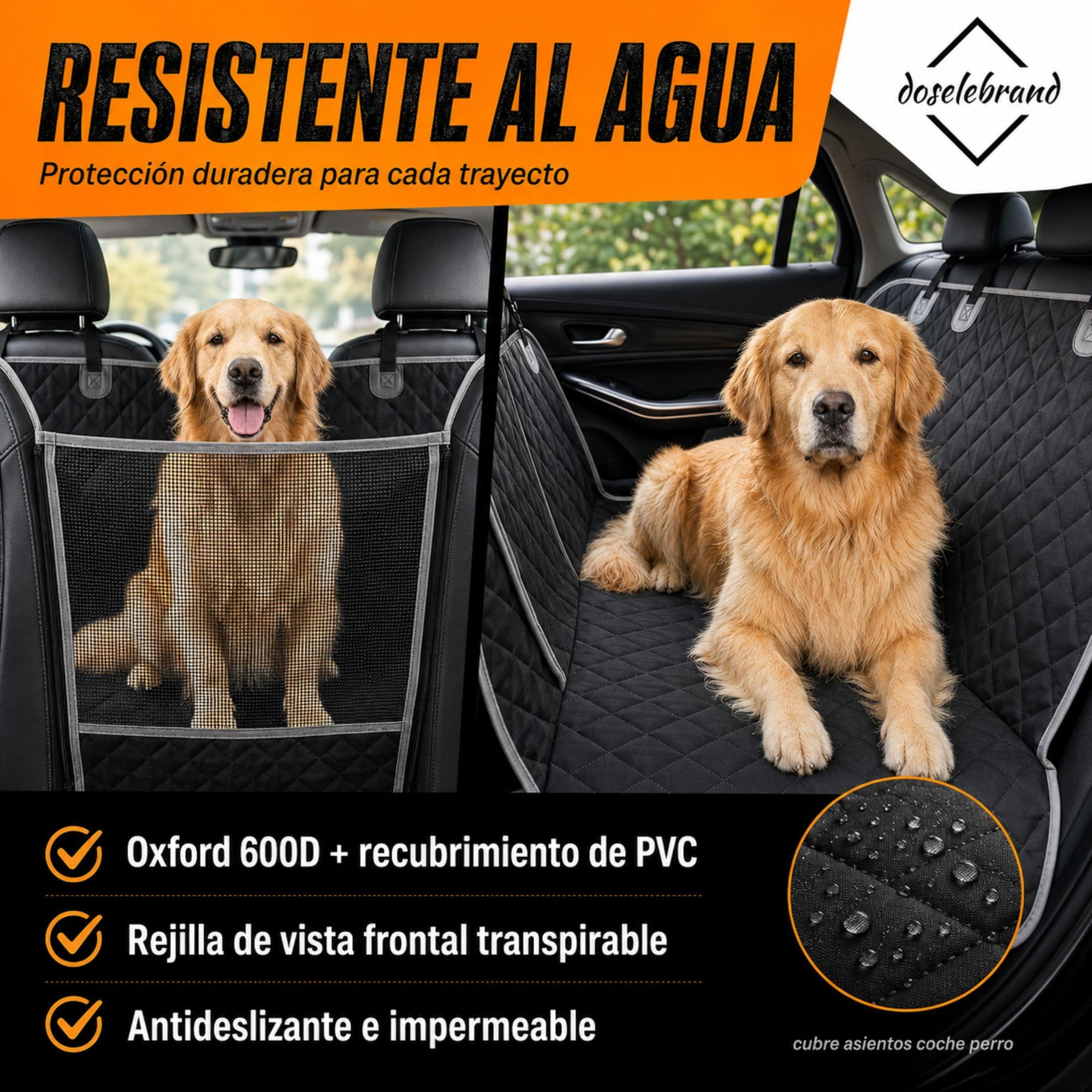 Pack Funda Coche Perro + Arnés + 2 Rollos Quitapelos + Bolsa | Impermeable│ Antideslizante │ Ventana y Bolsillos │ Evita Pelos - Barro - Arañazos │ Universal - Asiento Trasero - Maletero