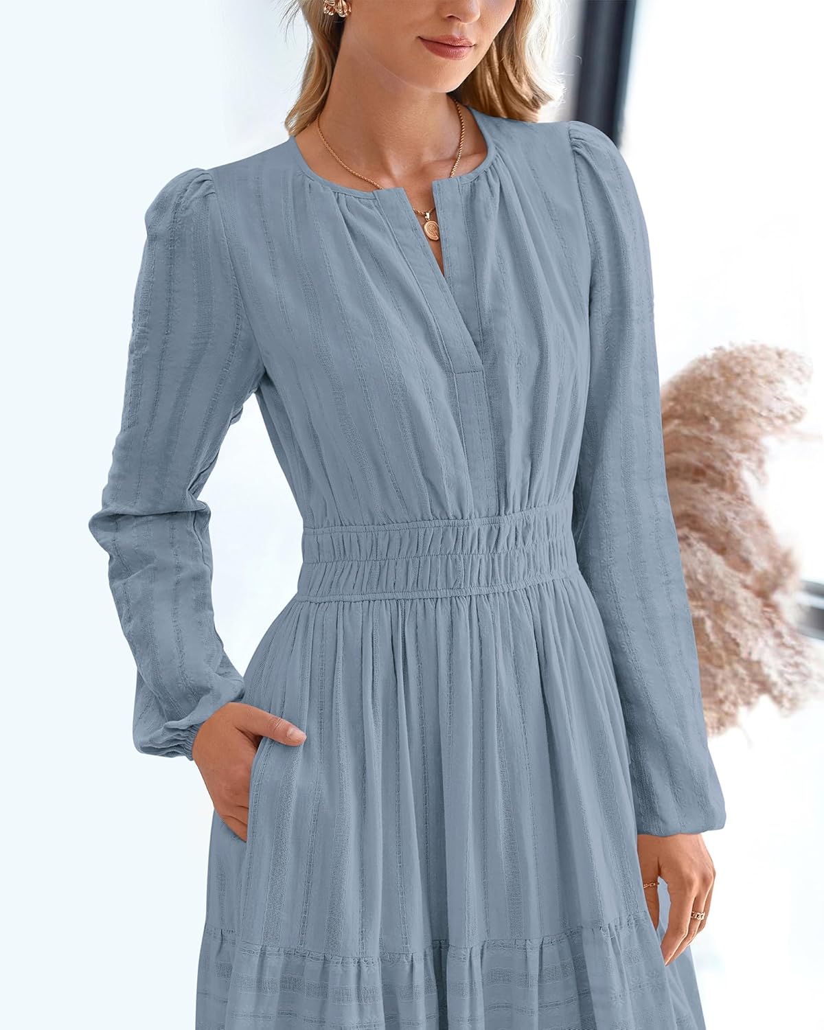 BTFBM Spring Dresses for Women 2026 Casual Long Sleeve V Neck Elastic Waist Lightweight Maxi Wedding Guest Dress Pockets - Image 6