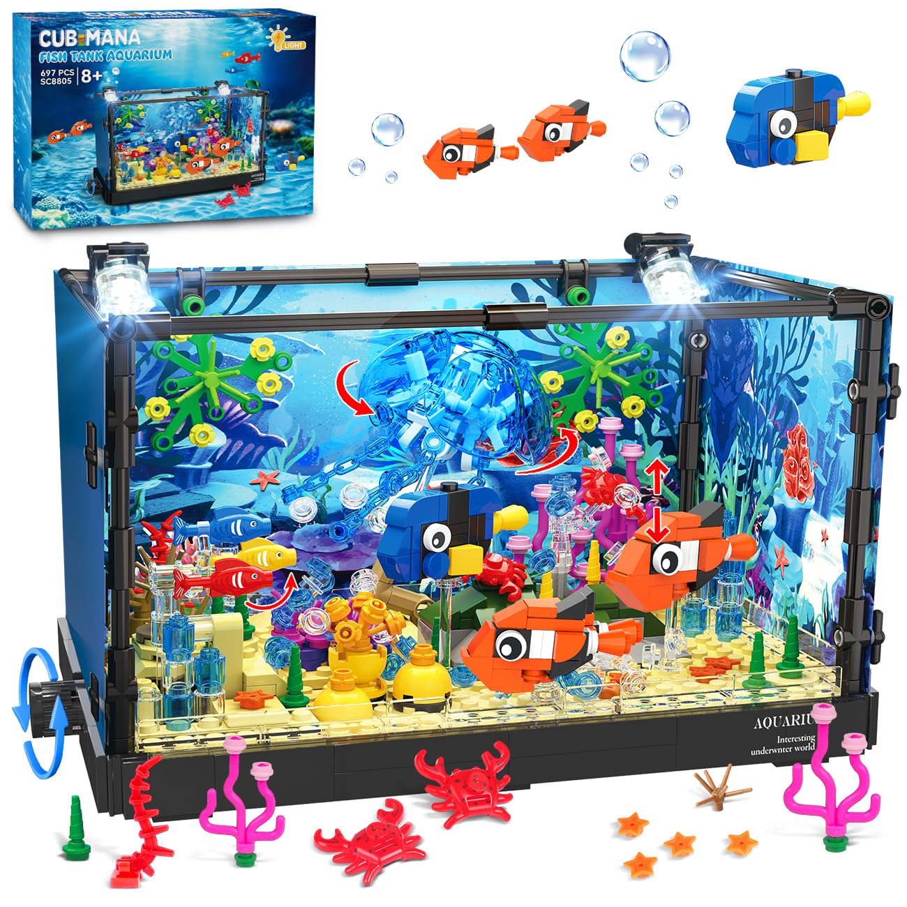 Ideas Acquario Fish Tank giocattolo da costruzione con luce LED, compatibile con mattoncini Lego per acquario decorativi inclusi animali marini, regalo per adulti e ragazzi e ragazze dagli 8-12 anni