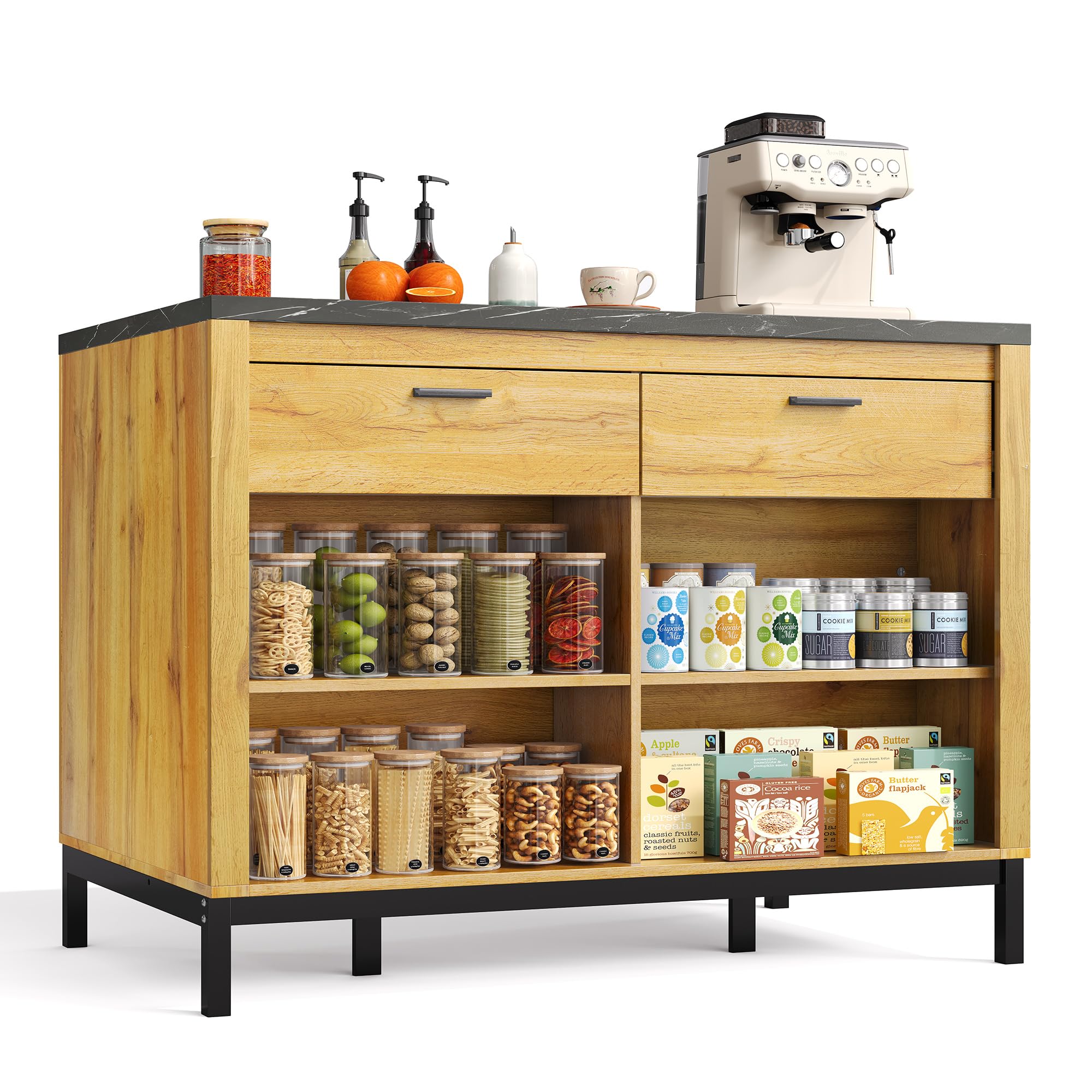 Isla de cocina de estilo rústico – Isla de cocina con 2 cajones y 4 estantes abiertos, grano de roble, encimera de mármol negro, estructura de metal, (120 × 75 × 90 cm)