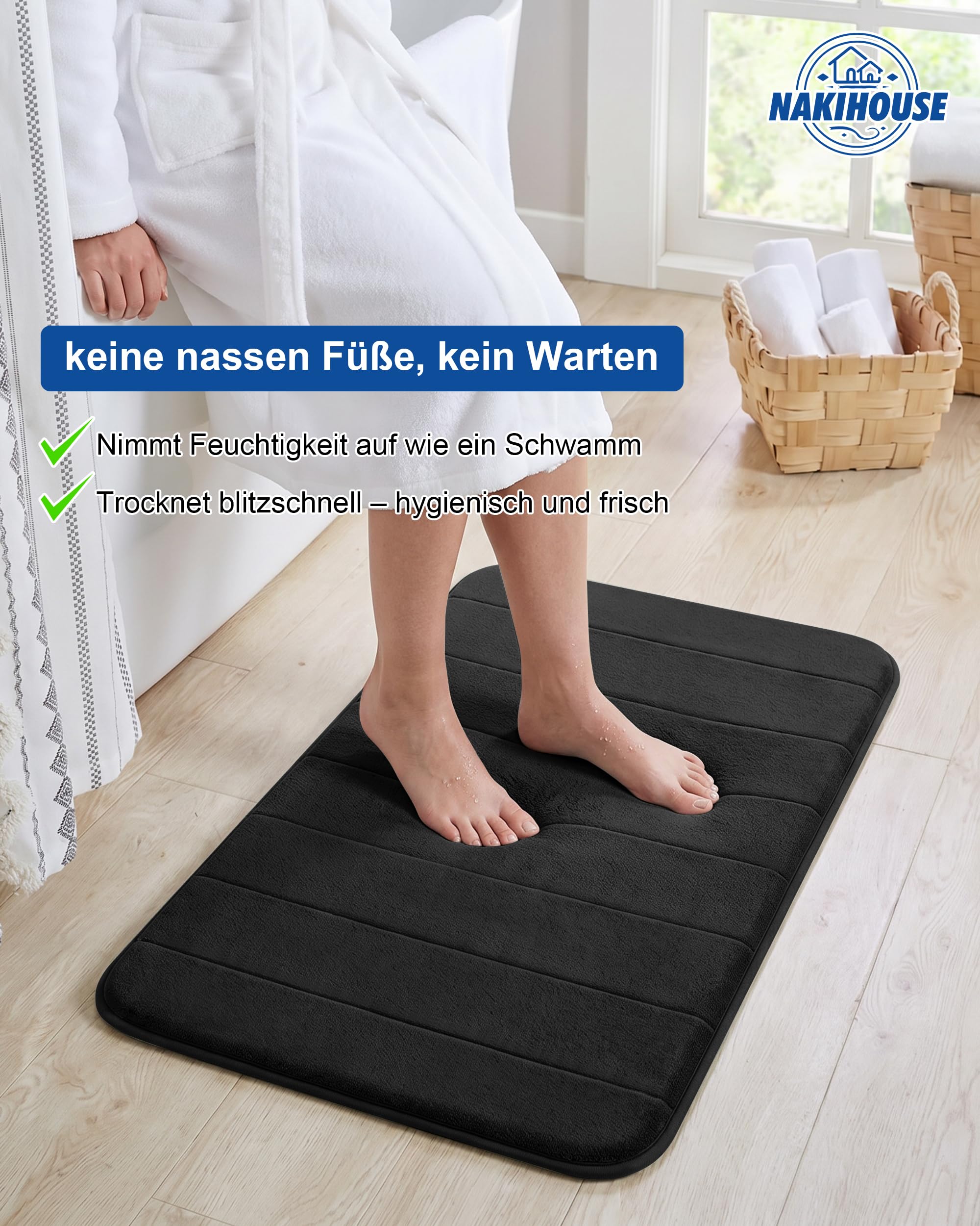 Badezimmerteppich Set 3 Teilig aus Dicke Memory Foam rutschfest Saugfähig Waschbar Weich Schnell Trocknend Badematte Set und U Förmige wc Vorleger für Dusche, WC & Badewanne,Schwarz