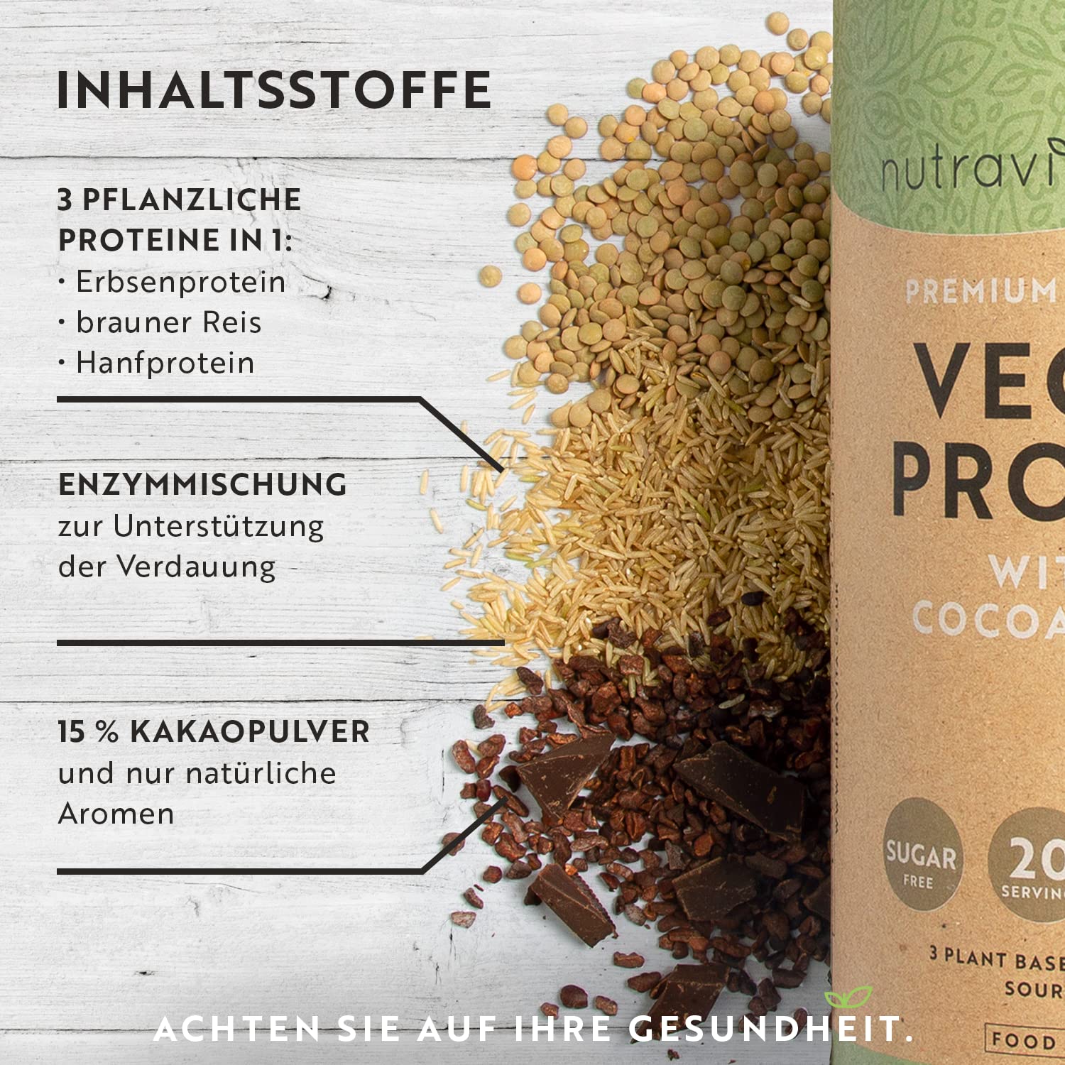 Veganes Proteinpulver - Vegan Protein Pulver Schokoladengeschmack - 25g Protein pro 36g Portion - mit 9 essentiellen Aminosäuren - Erhält die Muskelmasse - Lalorienarm und Zuckerfrei - Nutravita