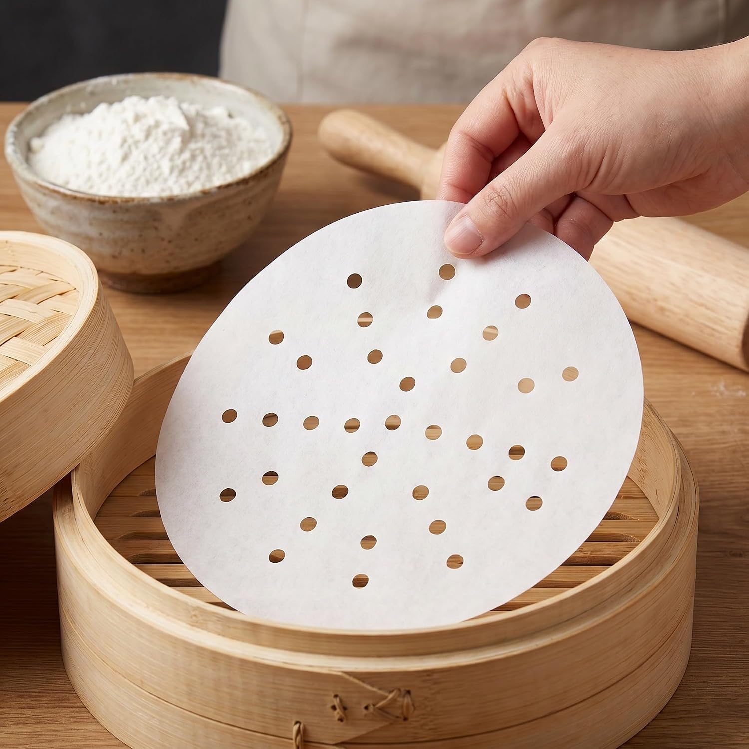 Luxshiny 500pcs Silicone-Coated Bamboo Steamer Liners: Non-Stick Mesh Mats - Perforated Parchment Paper with Hole for Steamed Bun Dumplings Veggies Dim Sum - 7" White