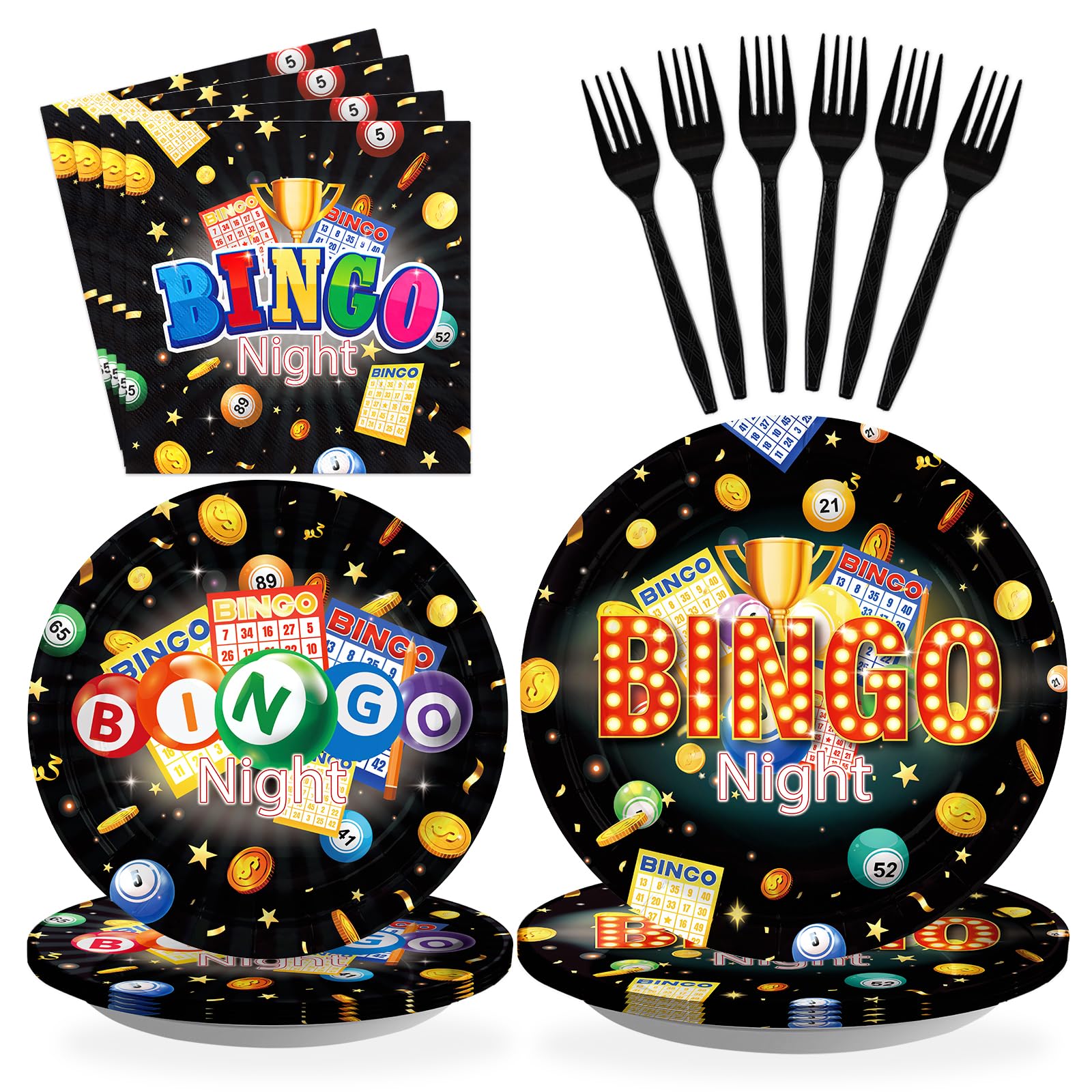 Grencian 96 Pcs Bingo Party Supplies Bingo Night Paper Plates Disposable Heavy Duty Black Game Night Paper Tableware Set for Birthday Bin-go Theme