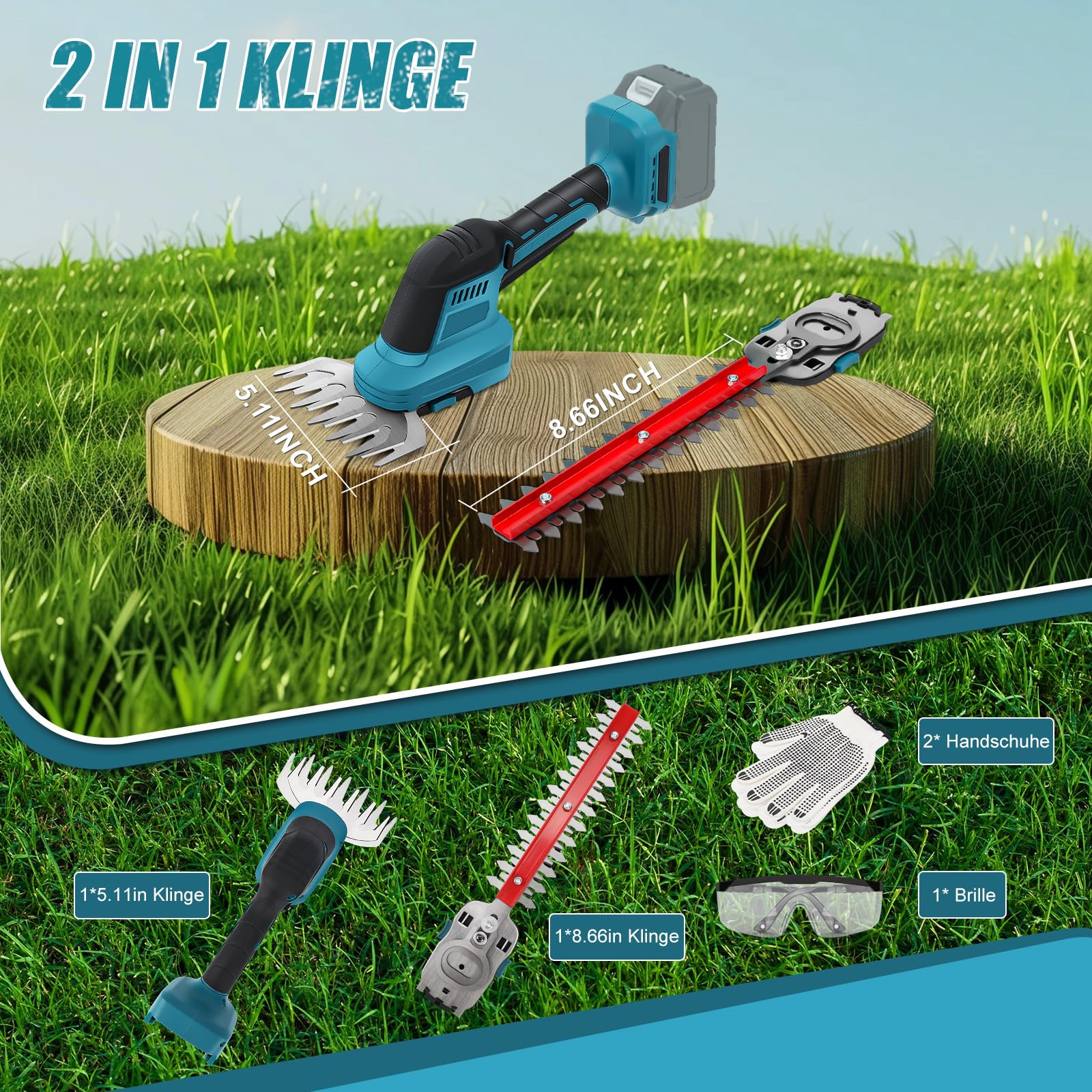 Akumulatorowe nożyce do żywopłotu kompatybilne z Makita 18 V, nożyce do trawy i krzewów, kosiarka do trawnika, podwórka, ogrodu, szerokość cięcia 24 cm i 13,5 cm (S)