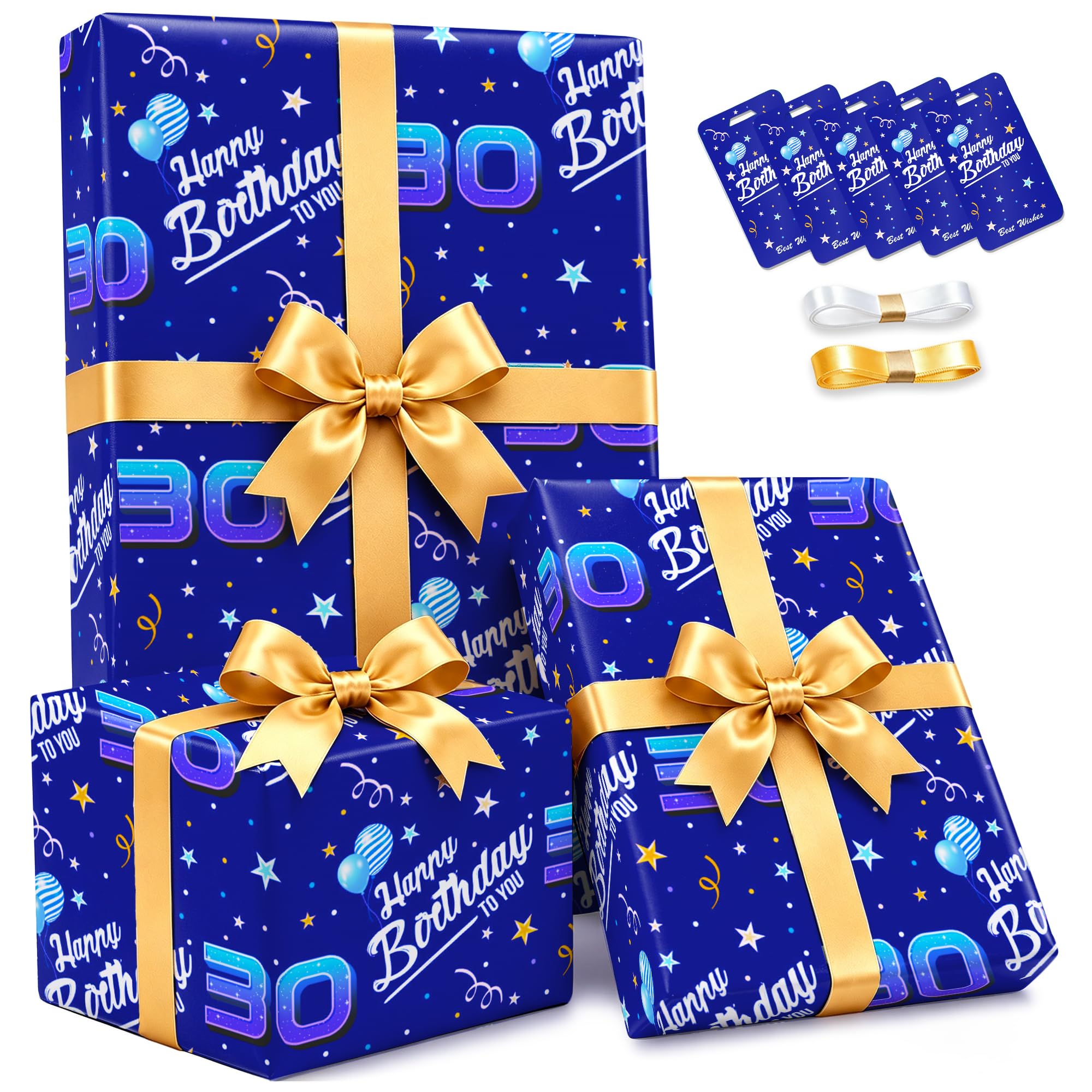 30 Year Old Wrapping Paper 30th Birthday Wrapping Paper Men for Husband Son Brother Him,Navy Blue Birthday Gift Wrapping Paper Present Age 30 Gift Wrap Birthday Paper with Tag Ribbon for Mature Man