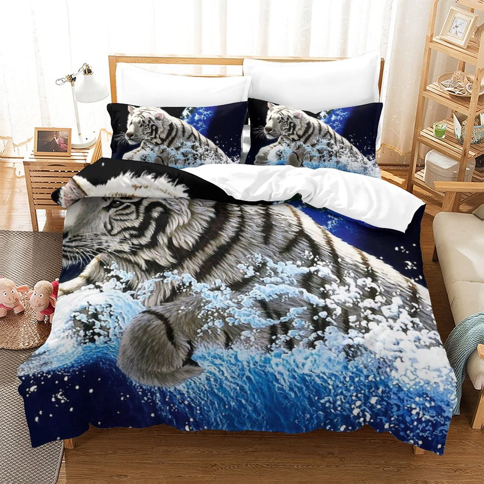 Housse de Couette Animal Tigre Blanc 3D Parure de Lit 2 Personnes 200x200cm