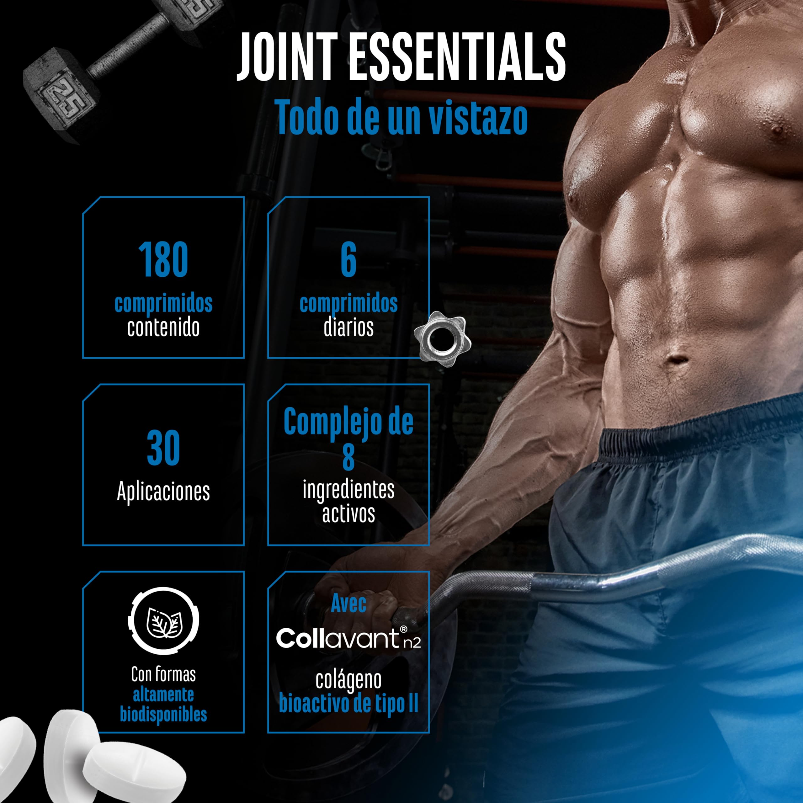 Joint Essentials: suplemento para las articulaciones con Collavant® N2 colágeno tipo II, glucosamina, condroitina, MSM, ácido hialurónico y vitamina C. 180 comprimidos.