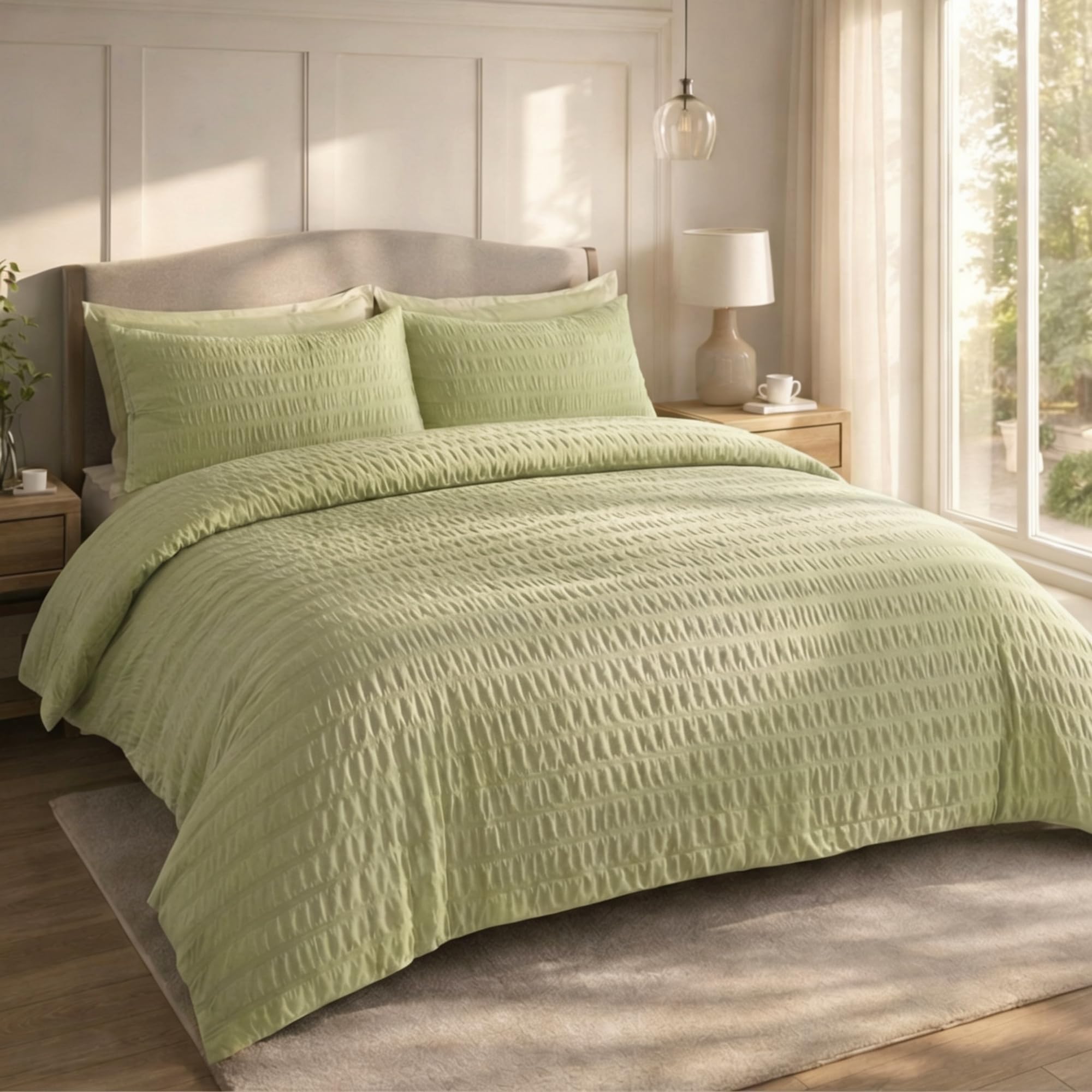 Q & H QUALITY HOUSEHOLD Q&H Bedding Sage Green Seersucker Duvet Cover Set Super King with Pillowcase - Ultra Soft Brushed Microfiber Quilt Cover - Breathable, Textured, Easy Care, Machine Washable