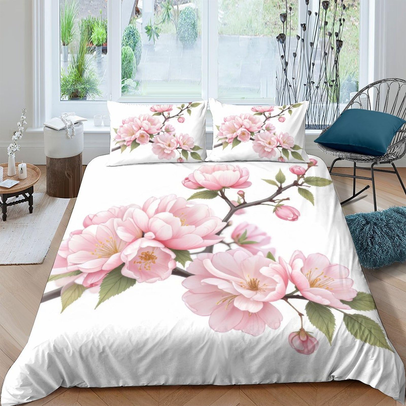 Ctjqhvkz Style-9 3D Printed Pink Blossom Fitted Sheet Microfiber Soft Floral Bedroom Decor Cherry Flower Mattress Cover For Adult Teen Single（135X200cm）