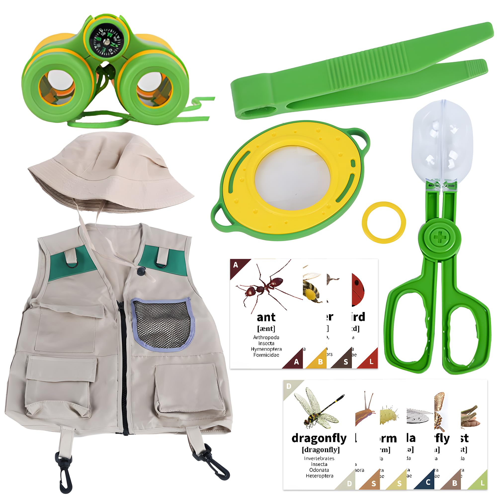 8PCS Explorer Kit Outdoor Adventure Set for Kids,Bug Hunting Kits,Including Magnifying Glass,Insect Clip,Tweezers,Cards,Insect Net,Telescope,Vest,Hat,for Outdoor Educational Kit and Camping Adventure