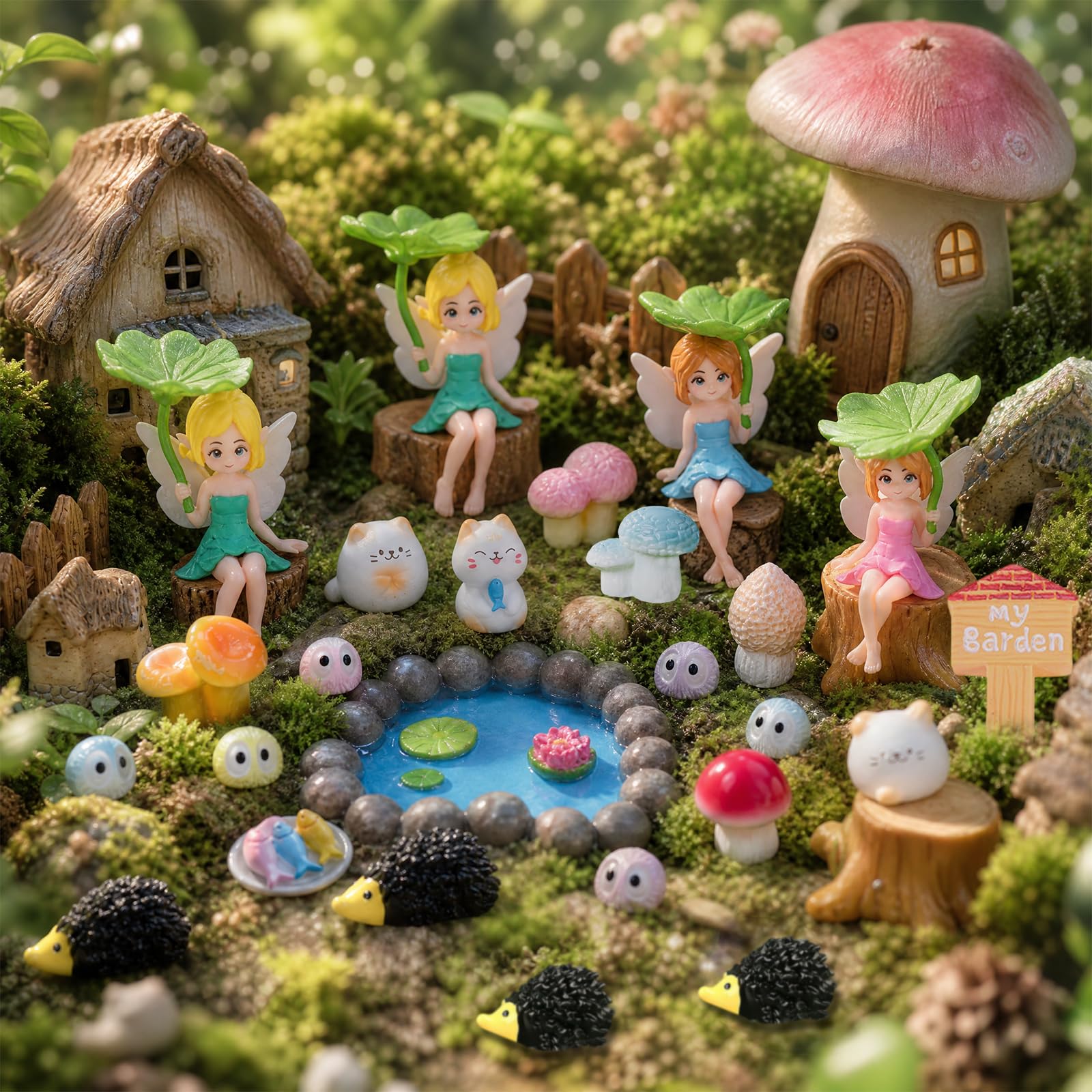Yongyann 31Pcs Fairy Garden Accessories, Glow in The Dark Fairies Figurines with Fairy House and Footprint Pond, Miniature Ornaments for DIY Micro Landscape Outdoor Decor