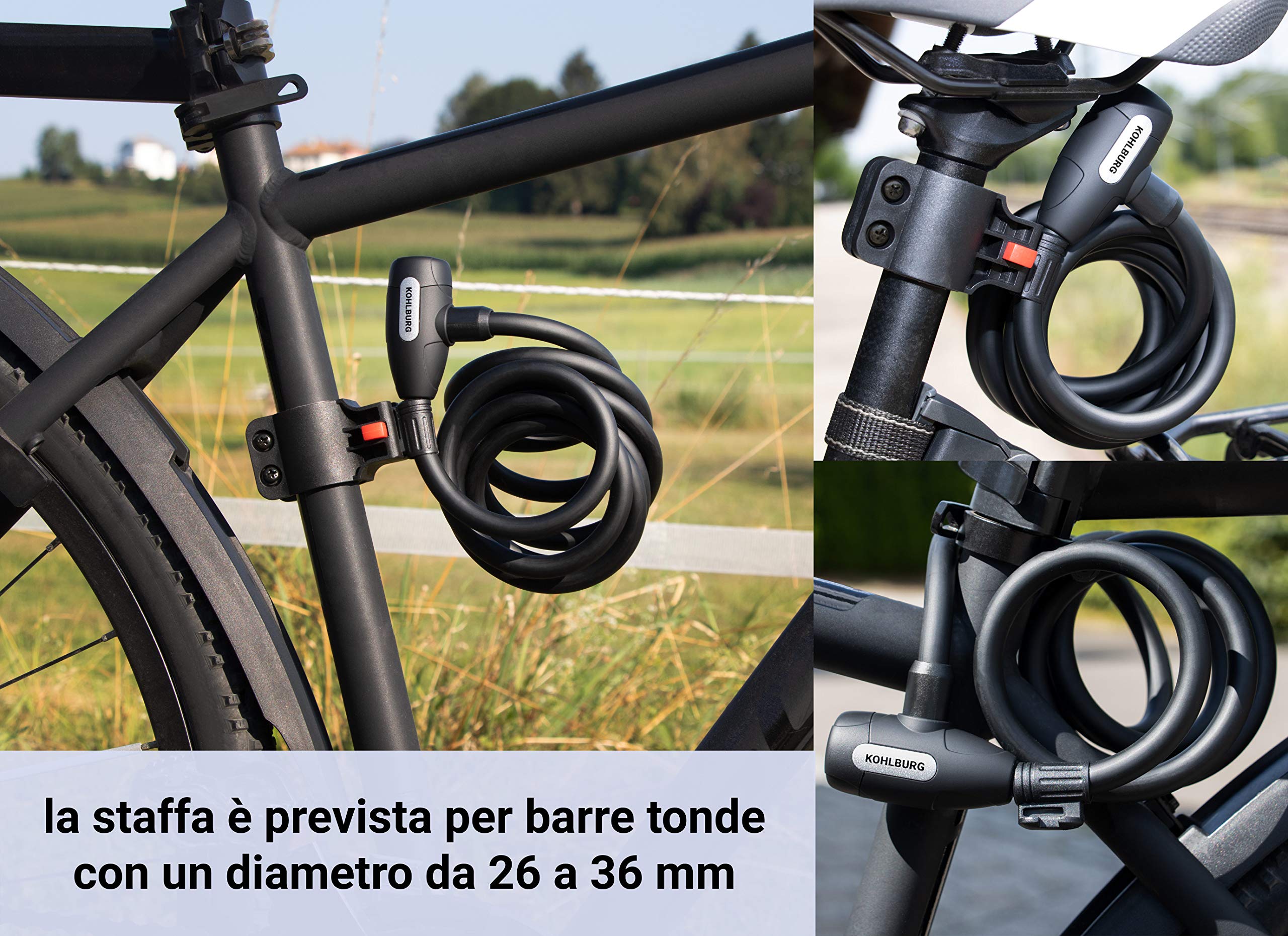 KOHLBURG dispositivo antifurto lungo 200 cm - facilmente richiudibile senza chiave - lucchetto per bicicletta con fissaggio - dispositivo antifurto a spirale per bicicletta e passeggino