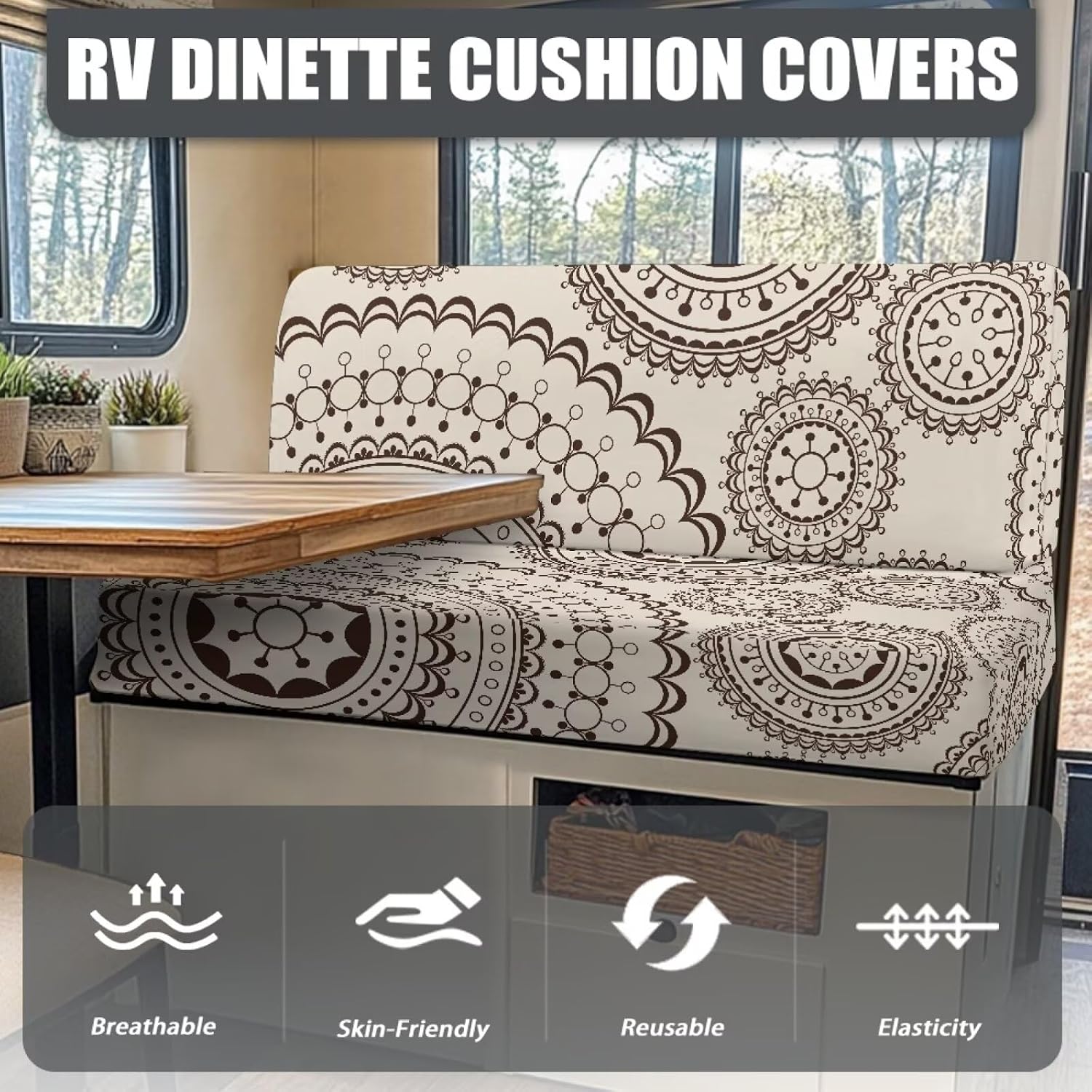 Boho Mandala Print 2 Pcs RV Dinette Cushion Covers Waterproof Camper Cushion Slipcover Stretch Sofa Furniture Protector Include1 Backrest Covers and 1 Bench Covers