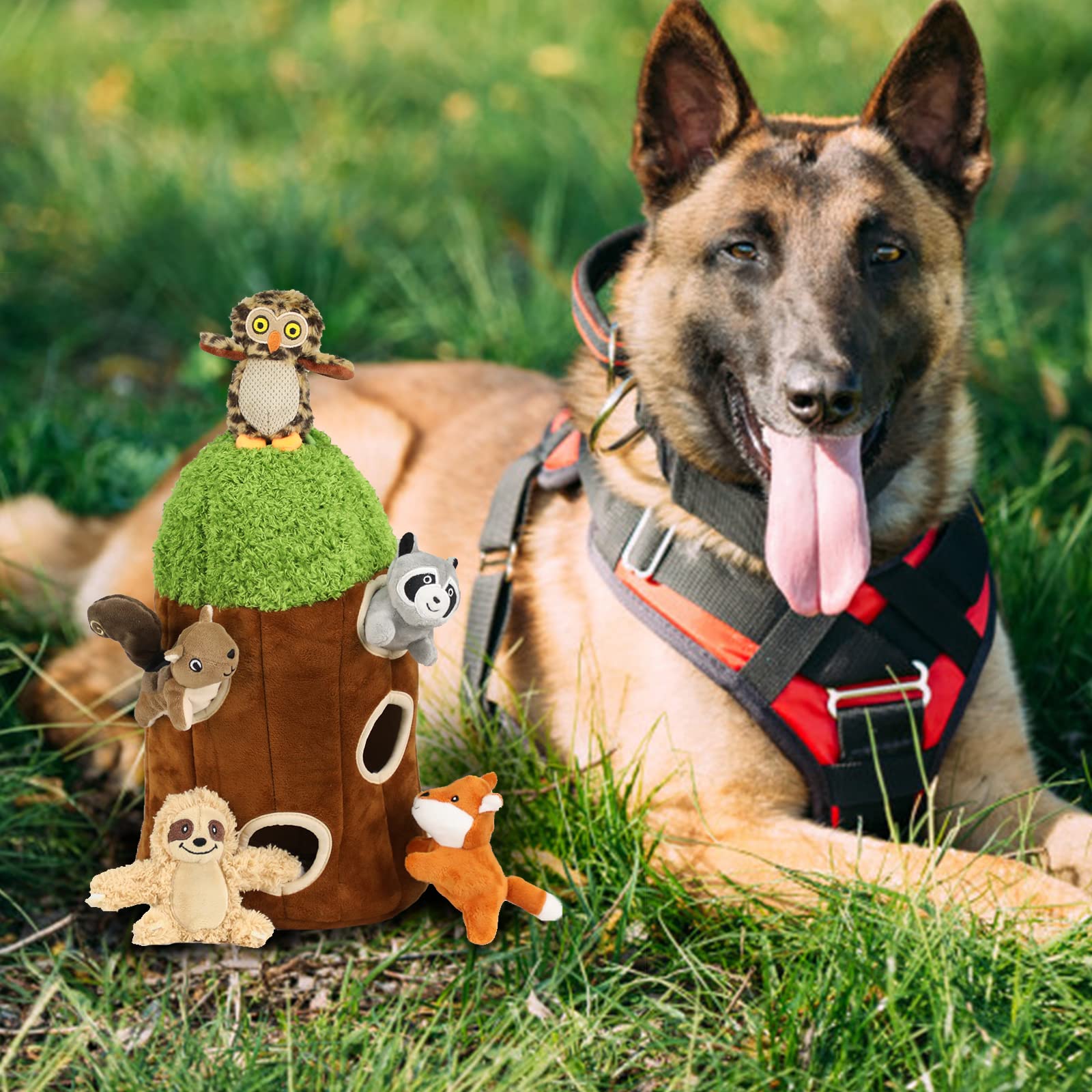Hide and Seek Dog Puzzle Puppy Toys, Interactive Squeaky Plush Stuffed Toys for Dogs (Sheep, Panda, Forest Animals) (Baum Hole Mix Large)