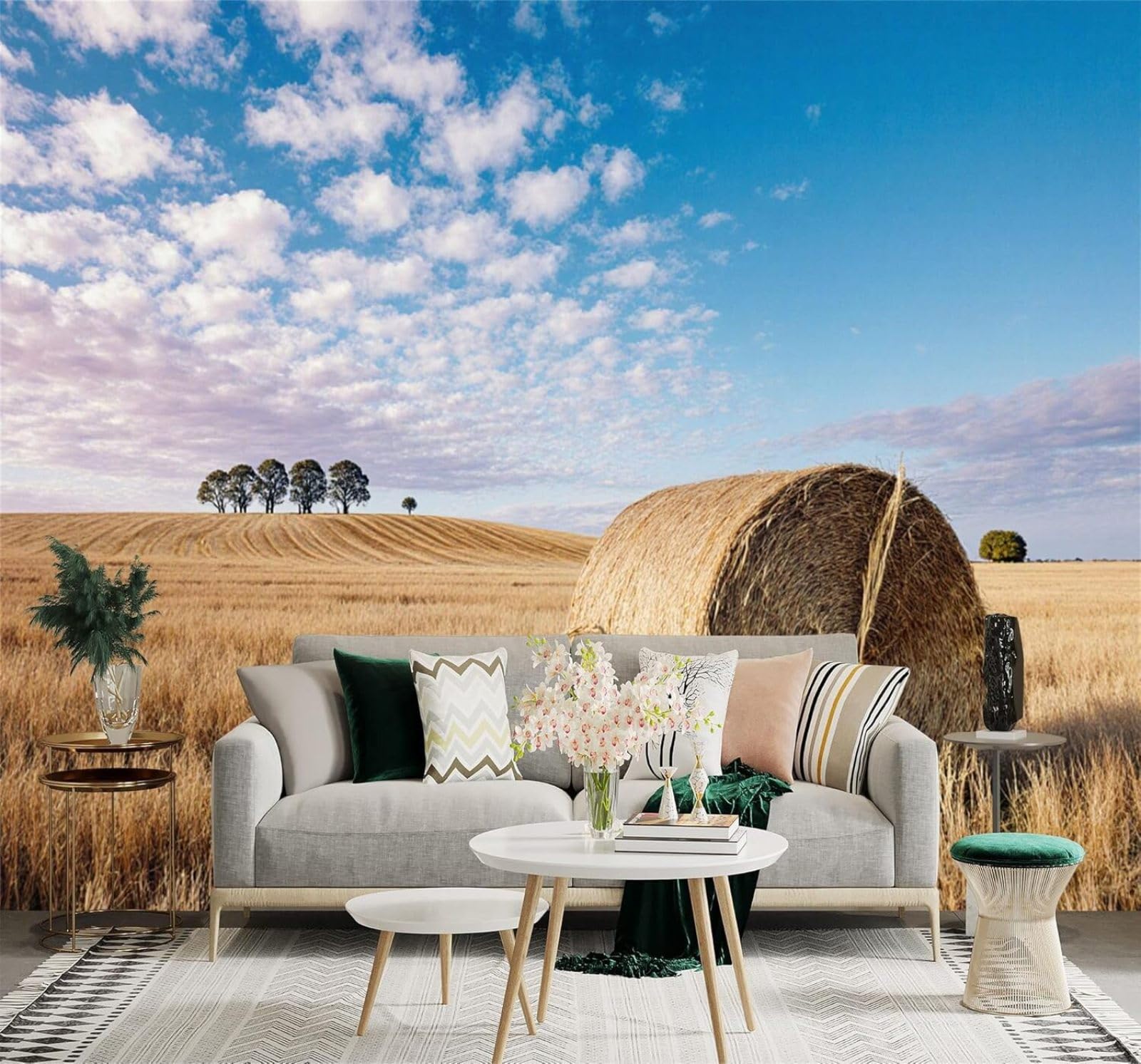 XLMING Golden Wheat Field Hay Bales Blue Sky Rural Landscape Art 3D Wallpaper Silky Texture Home Study Office Grey Dining Room Sofa Bedroom Living Room TV Backdrop-400cm×280cm