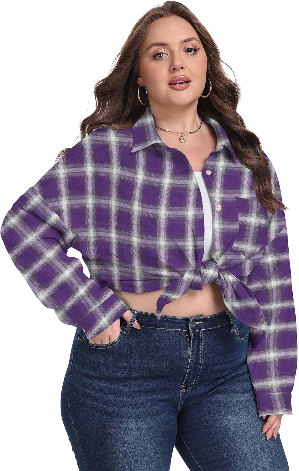 OLRIK Womens Plus Size Plaid Shirts Lightweight Flannel Long Sleeve Collared Button Down Blouse Oversized Shacket Coat - Image 5