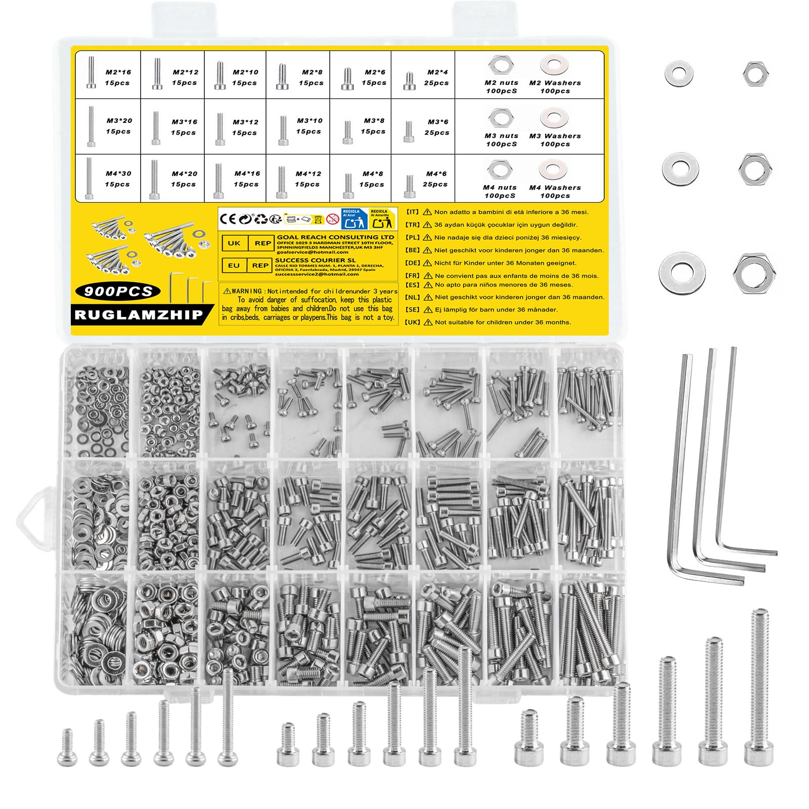 Set di Viti M2 M3 M4 Brugola, Bulloni Esagono Incassato e Dadi Rondelle Acciaio Inox 900 Pezzi