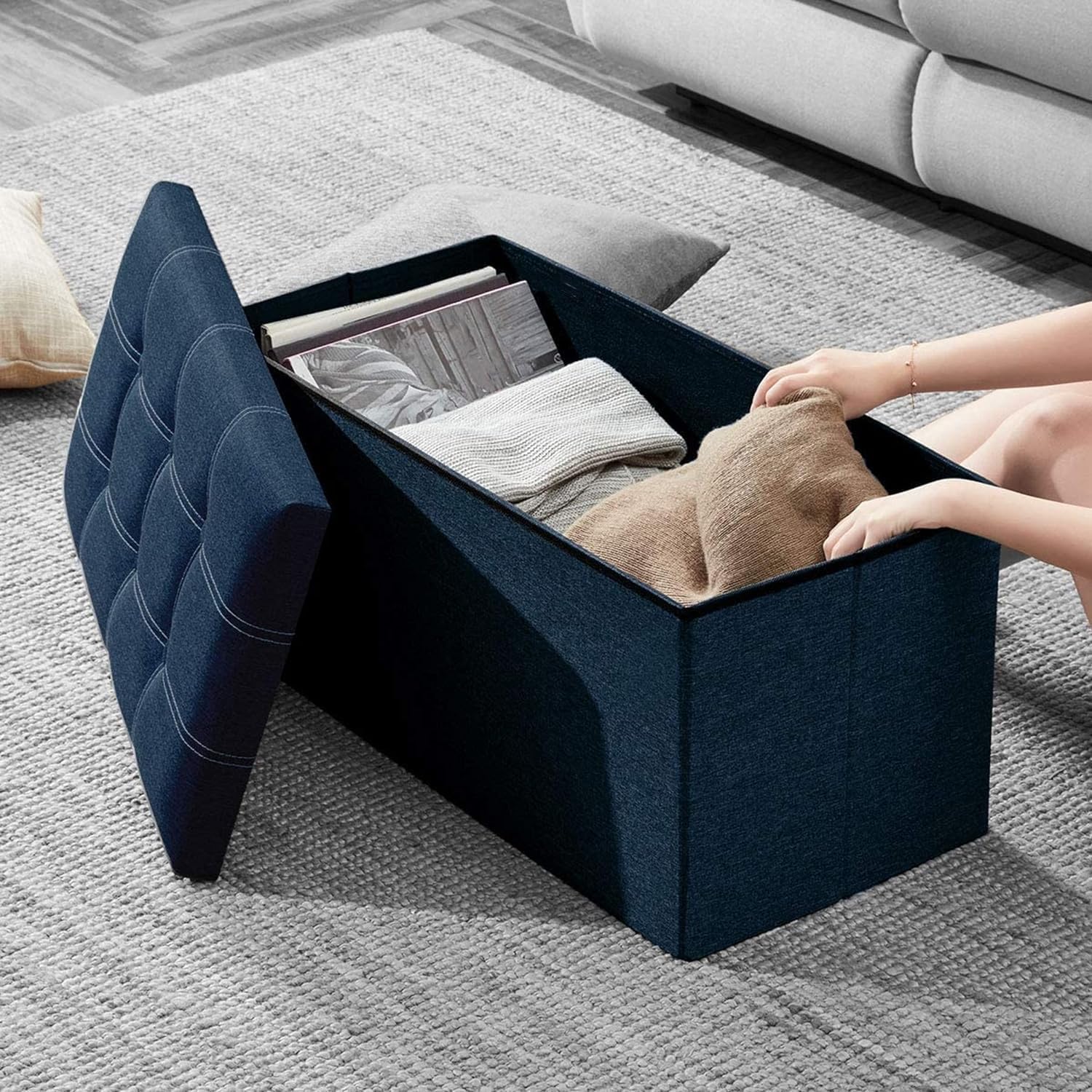 hroy 30-inch storage ottoman bench, footrest with storage, end of bed bench coffee table for living room, bedroom, entryway (blue, rectangular)