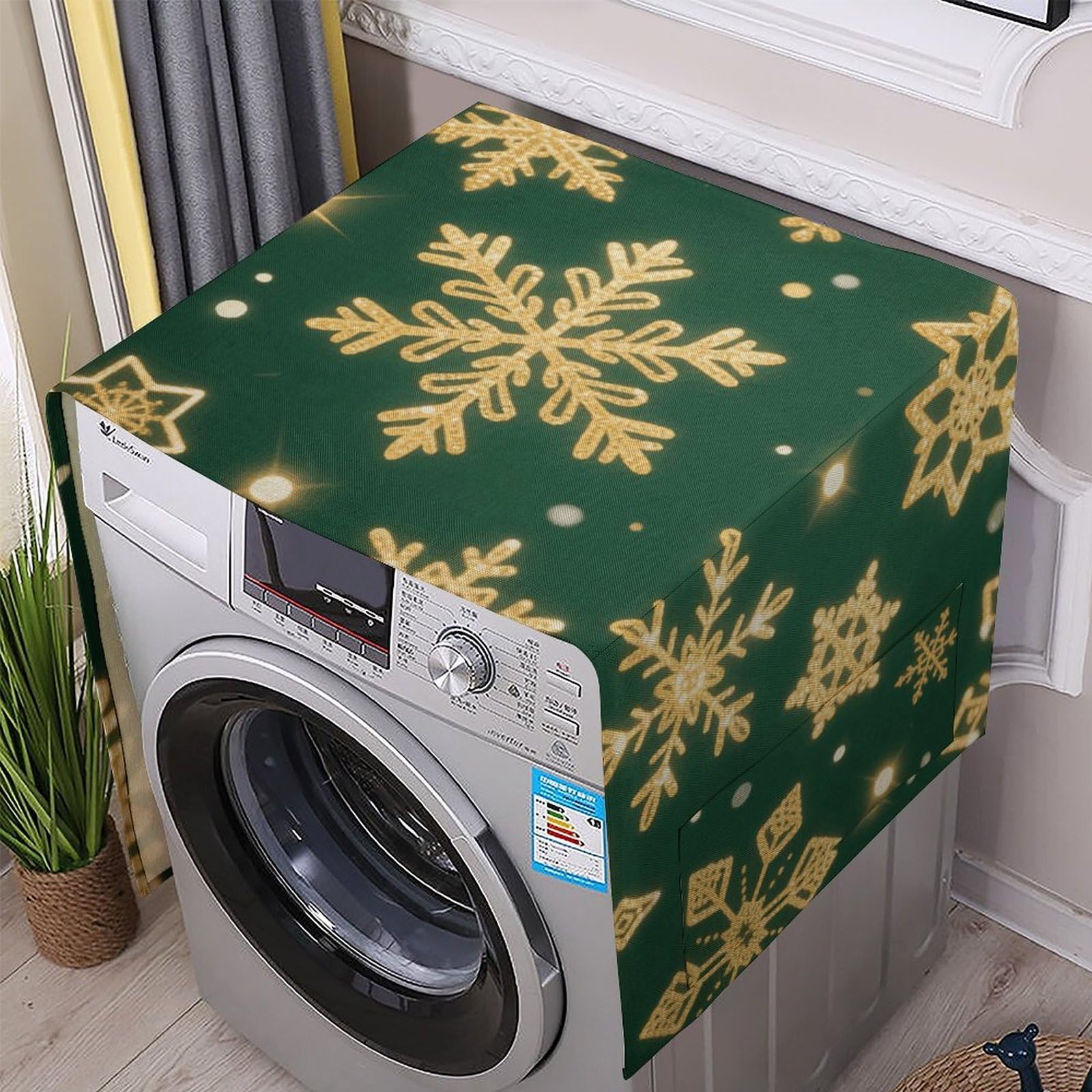 Fodpand White Washing Machine Cover For Top Load Dustproof Christmas Snowflakes Washer And Dryer Cover With Storage Pockets Household Appliance Covers Washable Top Protector Mat Pad For Laundry & Kitchen