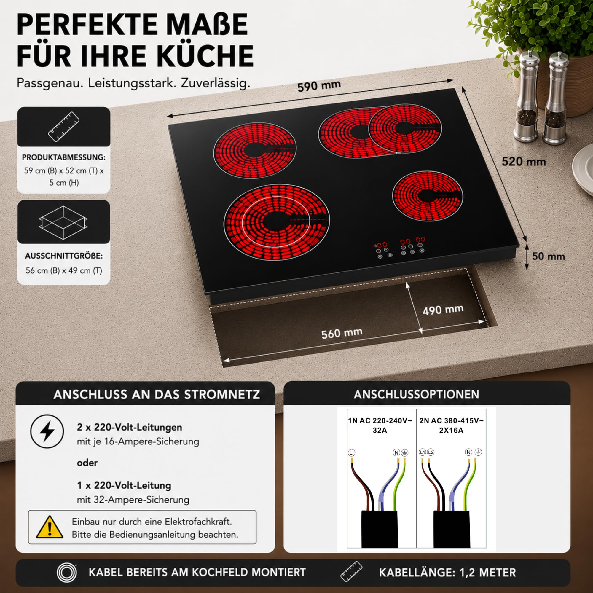Autarkes - Juego de cocina (60 cm, horno empotrado con Air Fry & Steam Clean, vitrocerámica de 59 cm con zona flexible, zona de cocción de doble anillo, temporizador, seguridad infantil, 9 niveles de