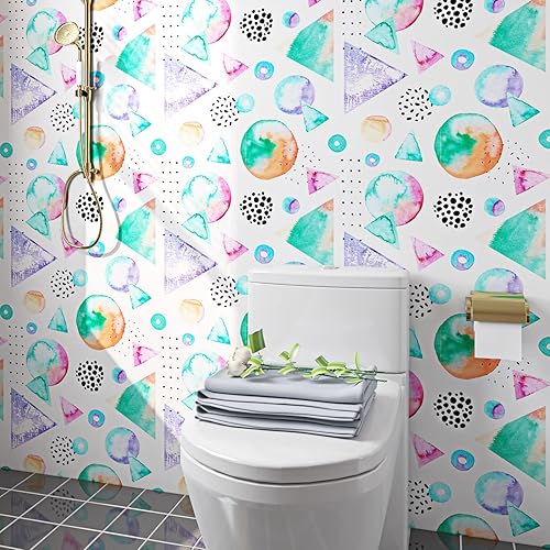 Miniatura 2 de ReWallpaper Papel tapiz geométrico colorido de 17.5 pulgadas x 23 pies, papel tapiz de vinilo extraíble de acuarela para armarios de dormitorio,