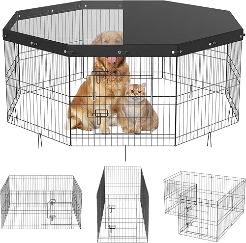 VEVOR Dog Playpen, 8 Panels Foldable Metal Dog Exercise Pen with Top Cover and Bottom Pad, 24" H Pet Fence Puppy Crate Kennel, Indoor Outdoor Dog
