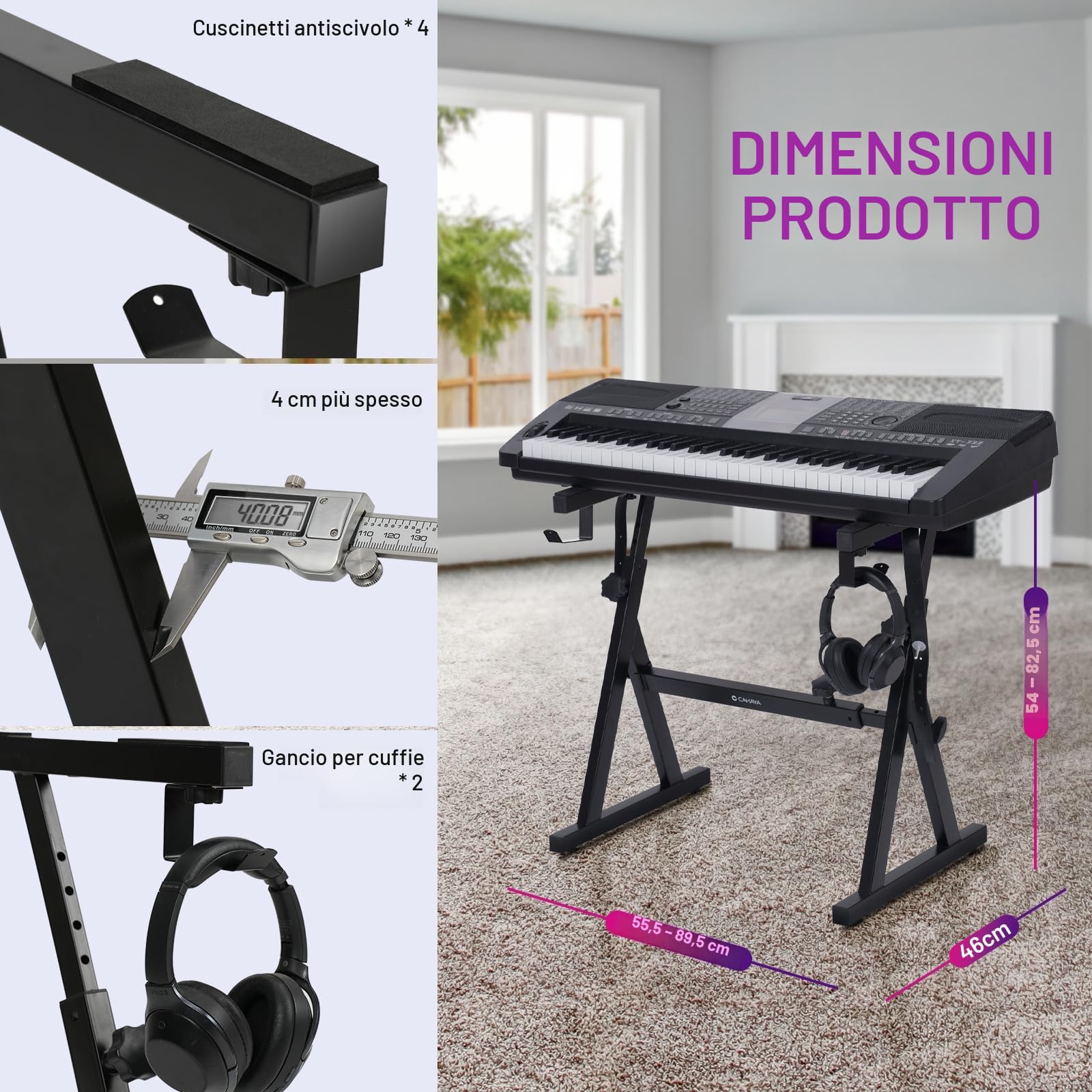CAHAYA Z-Frame CY00366-1 - Supporto per tastiera, resistente, regolabile in larghezza e altezza, adatto per pianoforte digitale a 66, 76, 88 tasti, con 2 ganci per cuffie