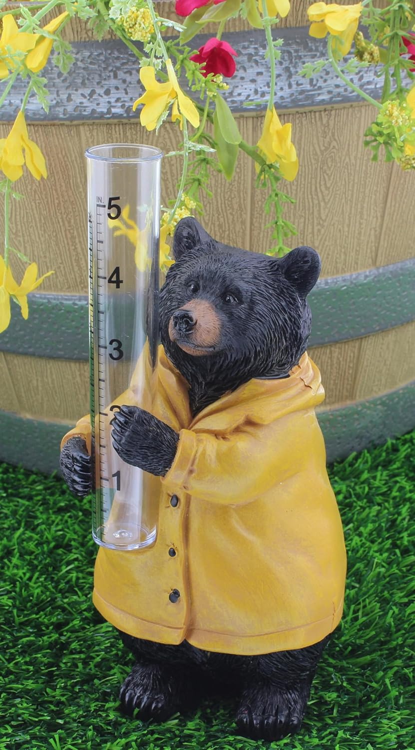 The Bridge Collection 7" Black Bear Weather Rain Gauge - for Patio, Porch, Garden - Resin Bear With Yellow Rain Coat - Cabin Decor