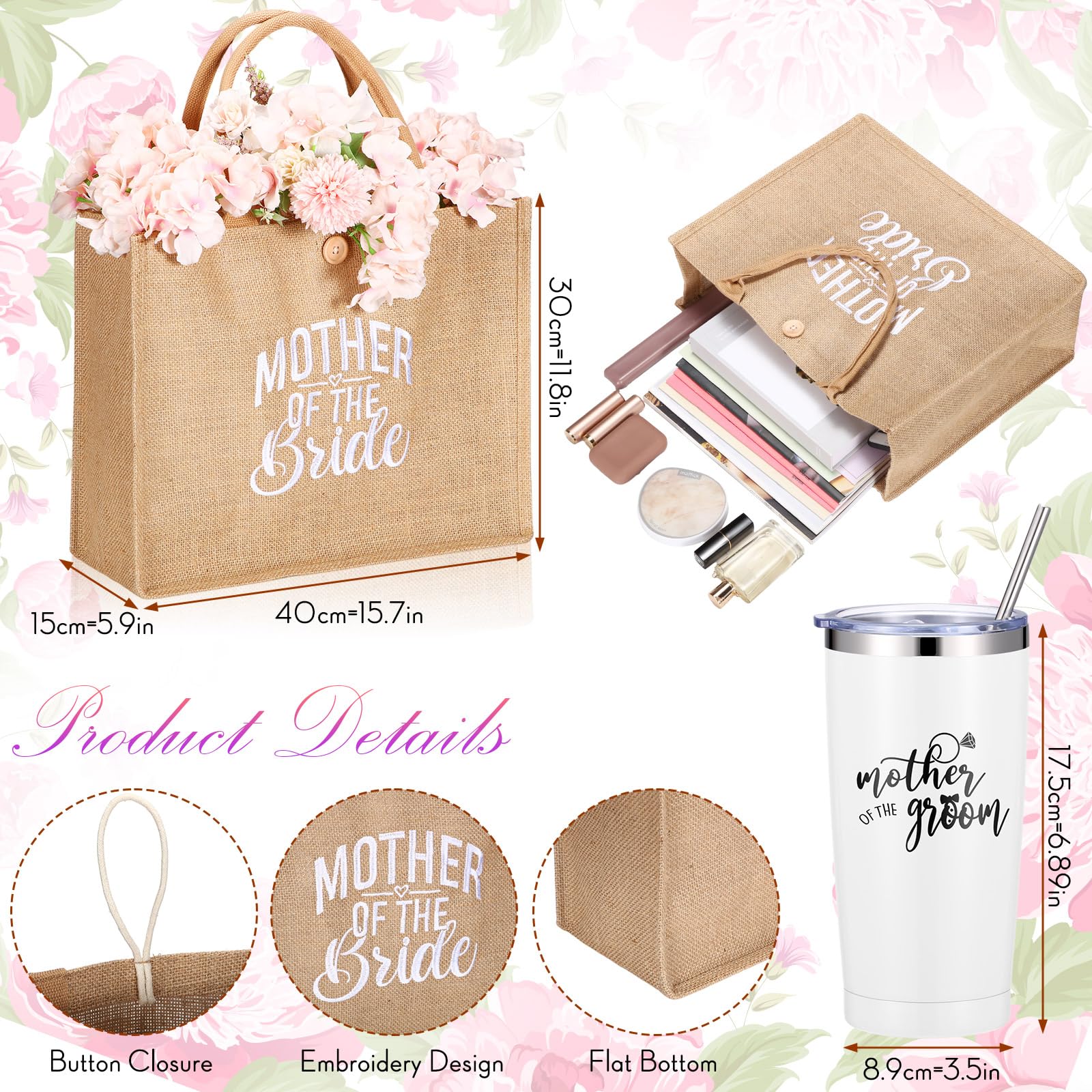 Jeyiour 6 Pcs Mother of Bride and Groom Gift Set Mother of the Groom Satin Robes Mother of the Bride Tote Bag 20 oz Stainless Steel Mug Tumblers for Engagement Wedding Bridal Party (Champagne)