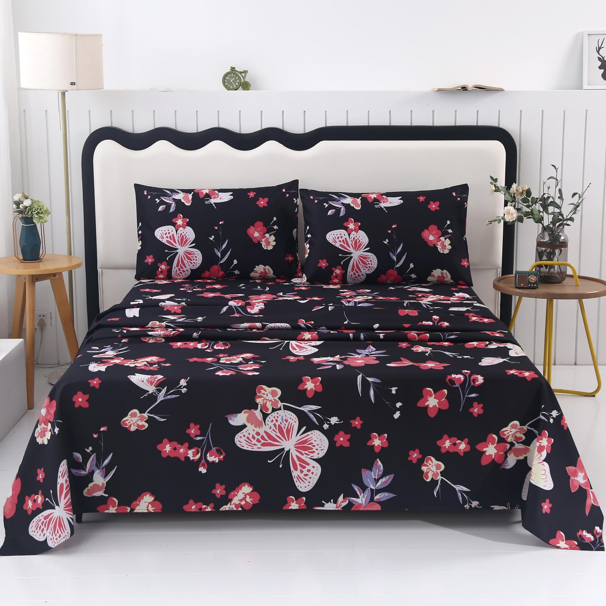 SDIII 4PCS Pink Butterfly Sheets Set Full Soft Microfiber Butterfly Bed Sheets Full Pink Butterflies Bedding Sheet for