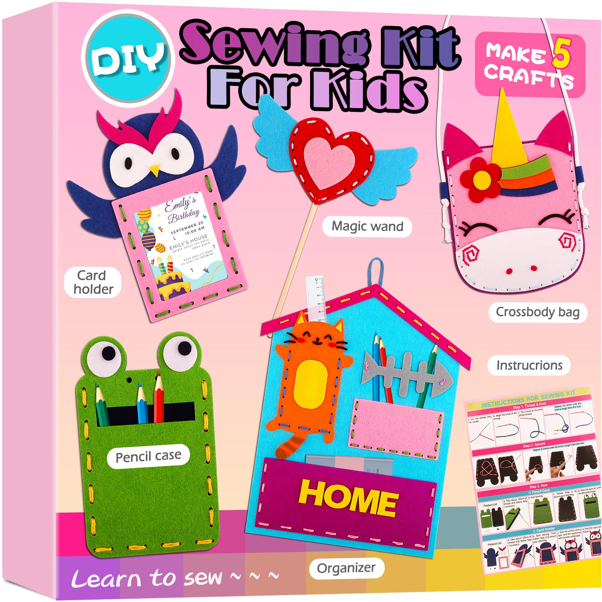 My First Sewing Kit for Kids 4-7, Felt Sewing Crafts Kit for Beginner 4 5 6 7 Year Old Girls, Play and Learn to Sew Fun Crafts Age 5-8 4-6, Toddler Embroidery Yarn Projects for Child Age 4-8
